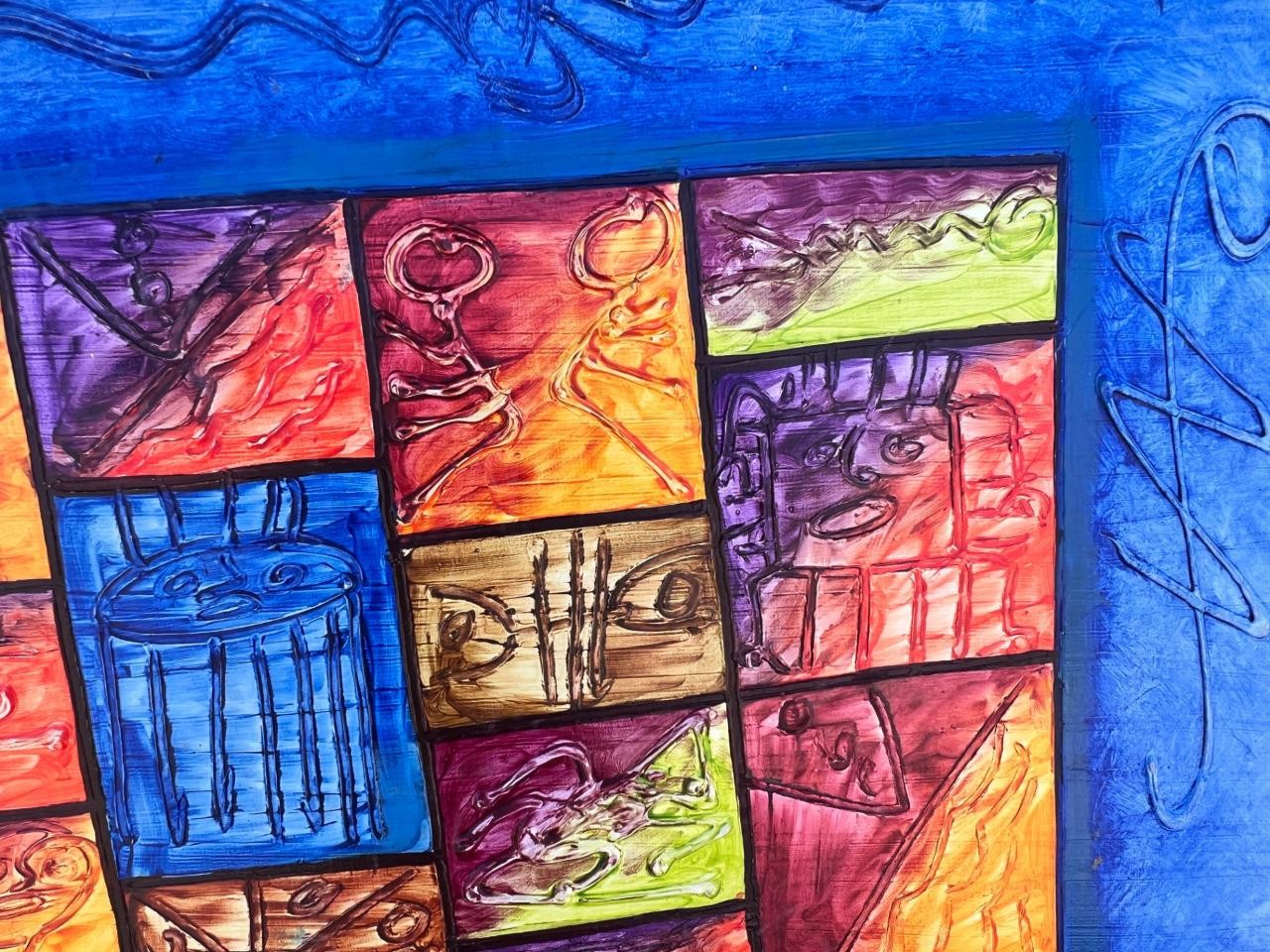 Original Coloful Mosaic Mixed Media Art Acrylic or Oil Painting Signed Rosena