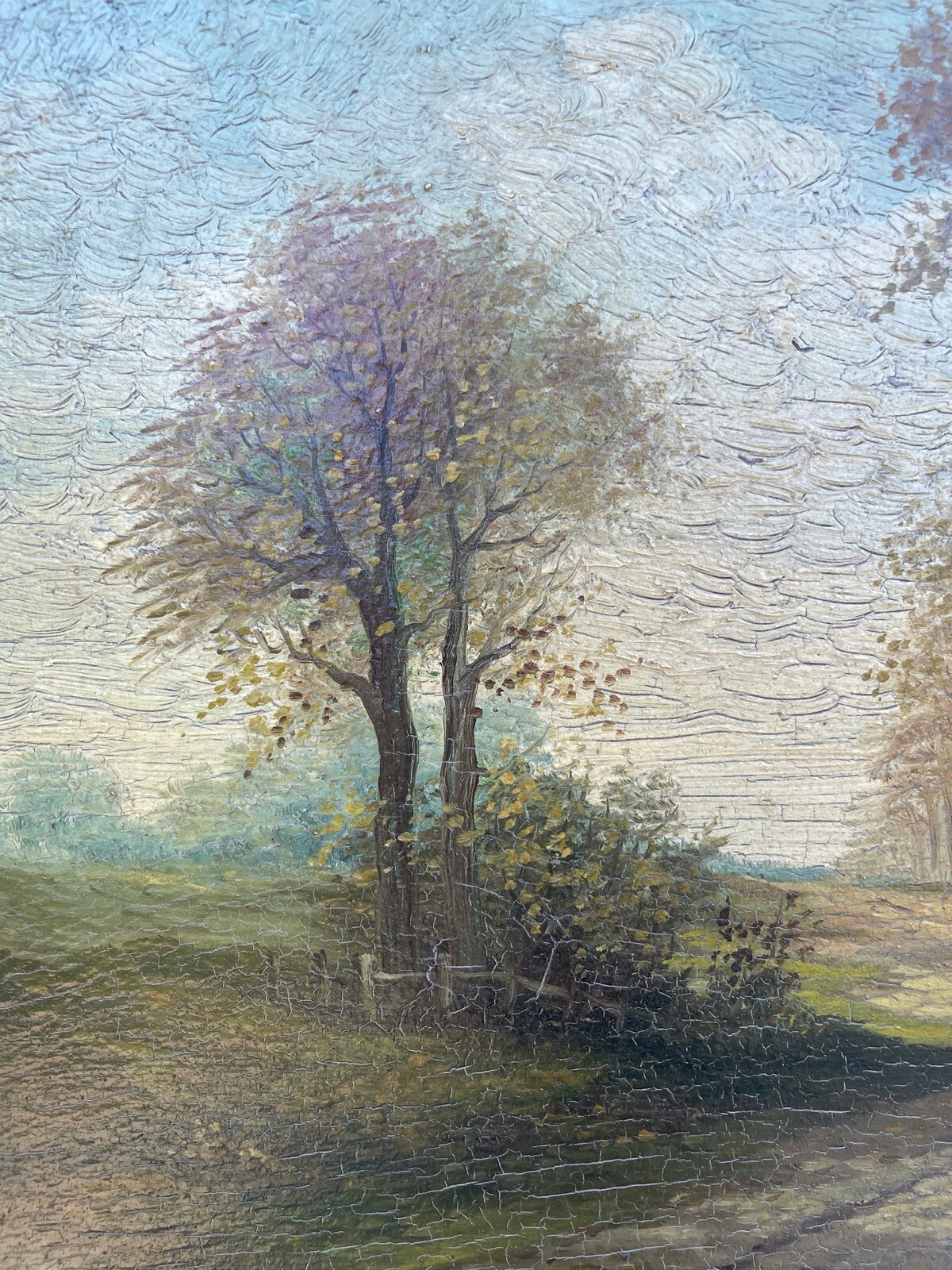 Impressionist Late Summer Landscape Country Road w/ Donkey Wagon Oil Painting Antique 75.5×56