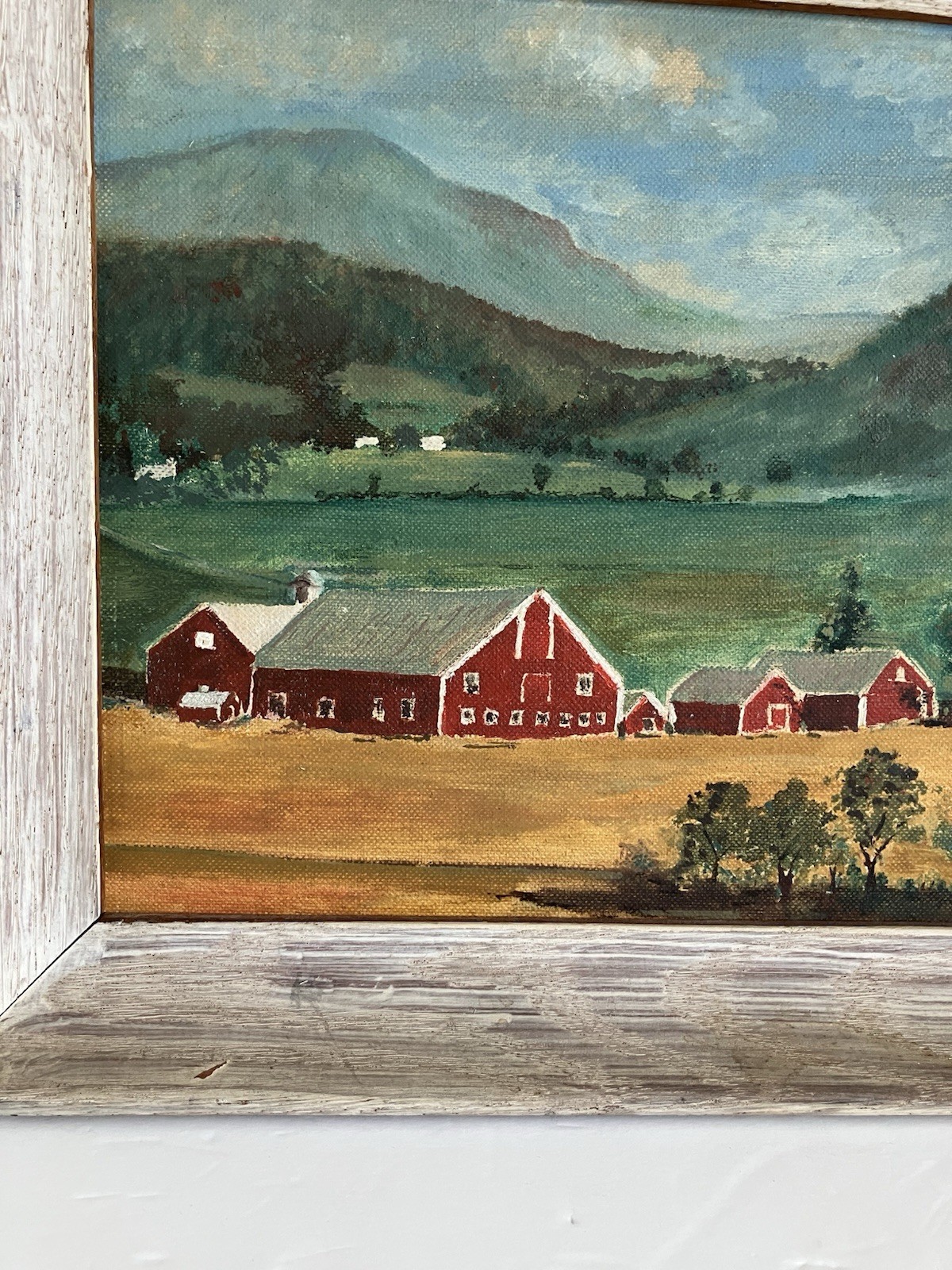 Vintage 50s Framed Primitive Folk Art Farm Barn Landscape Oil Painting 10×13