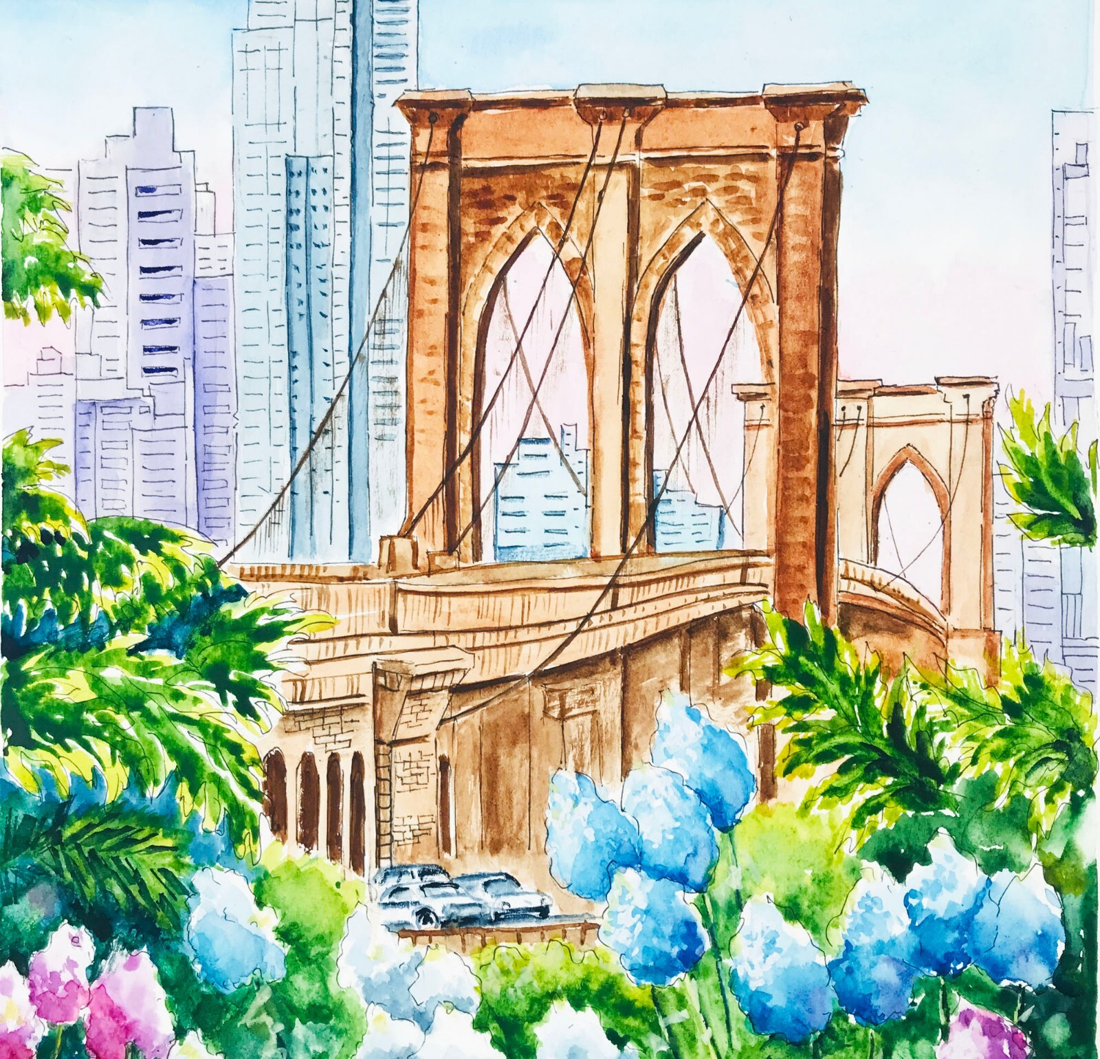 Original Art New York City Watercolor Brooklyn Bridge Painting NYC 12 x 9″