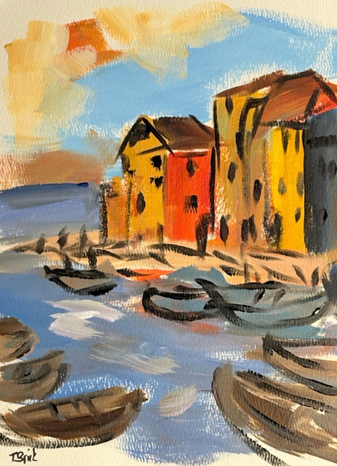 Original Mediterranean Harbor Painting 9×12 Paper Expressionist Art Color Study