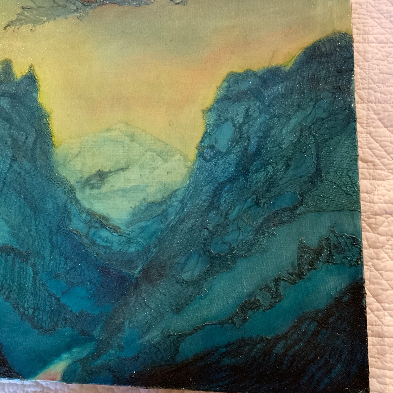 VINTAGE original hand painted oil Painting collage fantasy mystical mountains