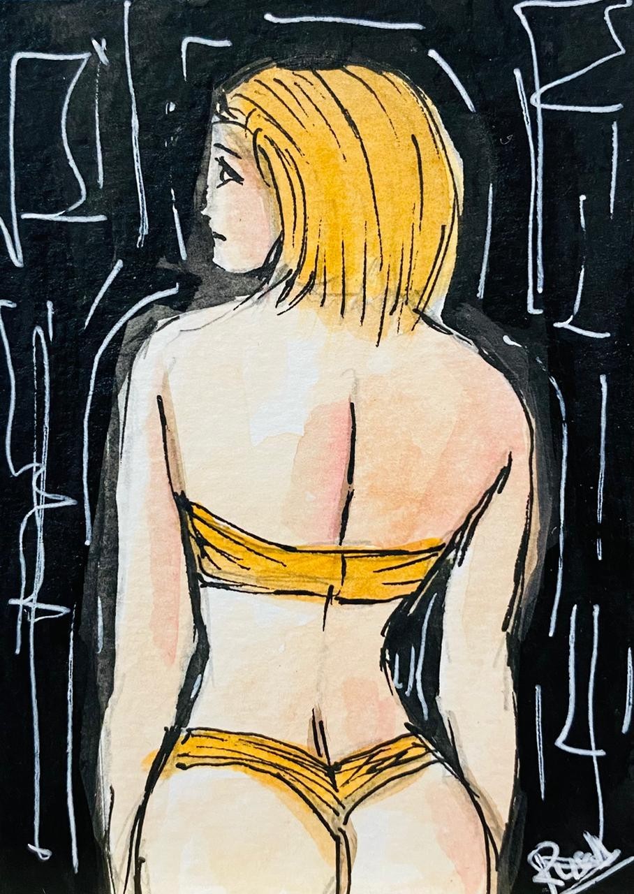 ACEO Original Nude Female Figure Back View Yellow Lingerie Abstract Art Gift New