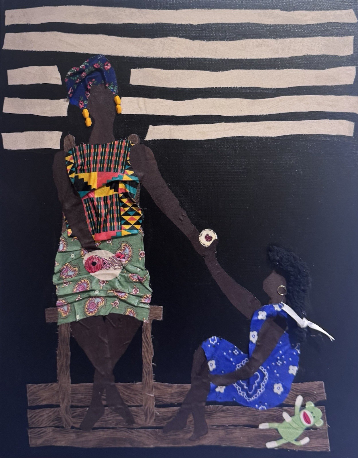 Original Fabric Collage Women 16 in W x 20 in T African American Art