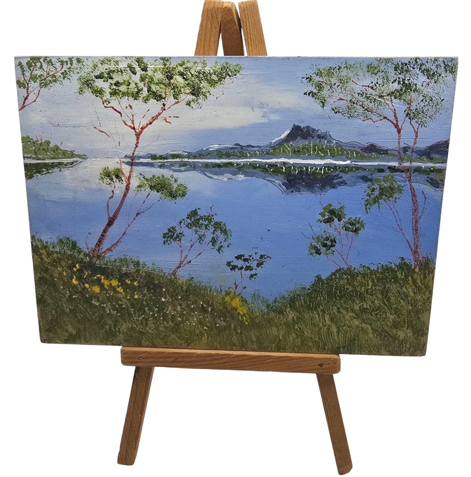 Vintage Miniature Artwork Original Art, Oil Painting Mt Isa Lake View, On Easel