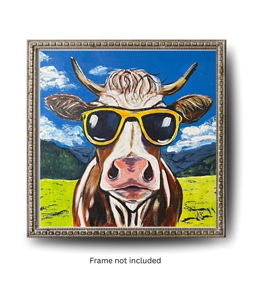 Whimsical Cow In Sunglasses Expressionist Art Acrylic 12×12” Canvas VLP Original