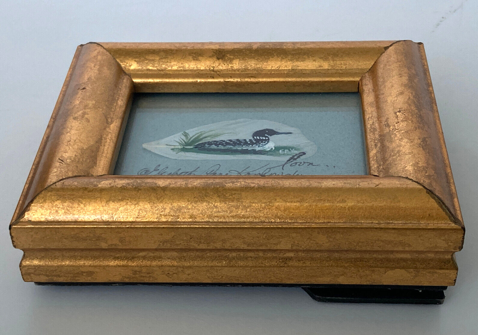 Framed Feather Art Acrylic Painted Loon on Swam Lake Signed Wall Art 4″ x 5″