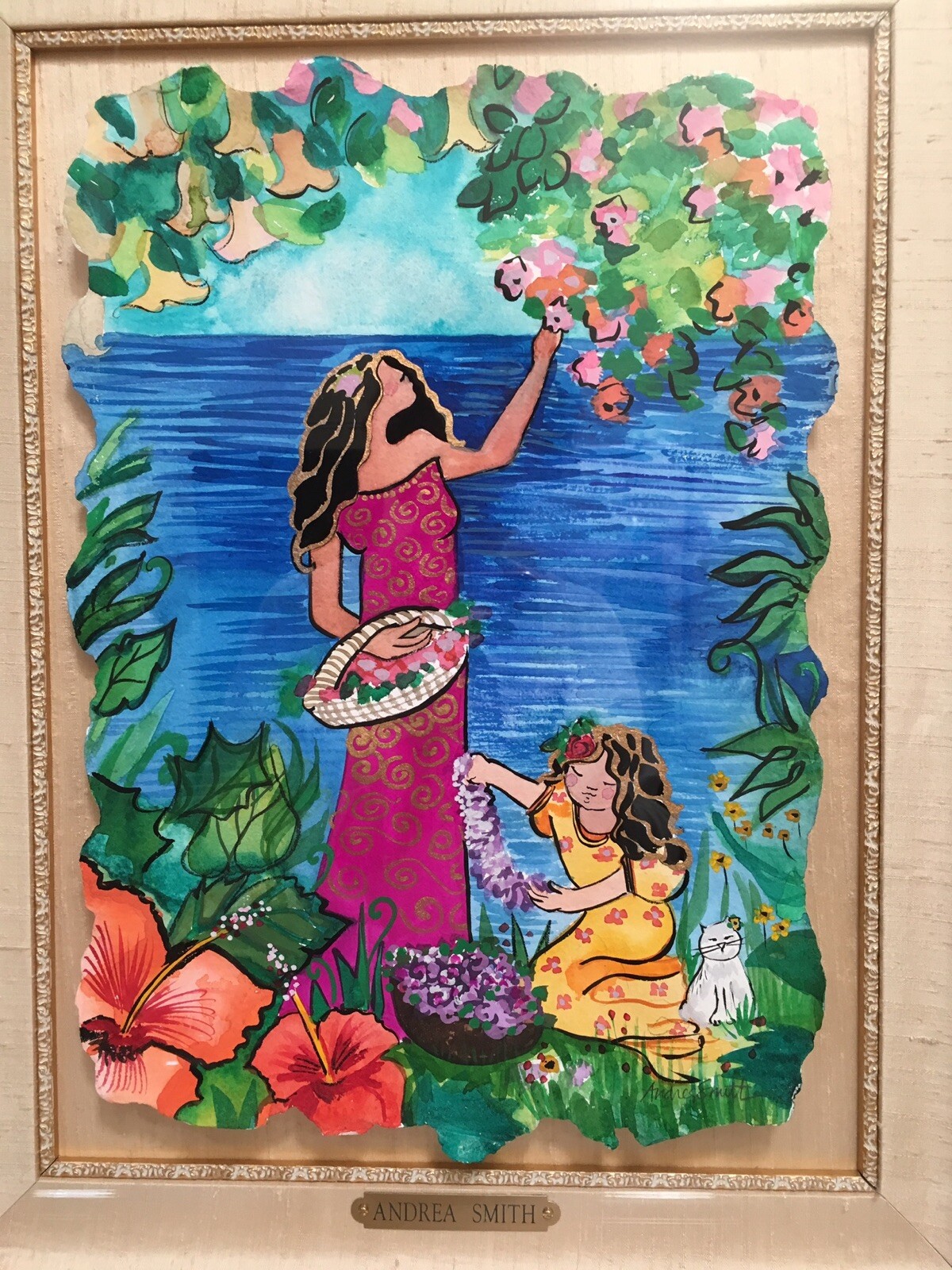 ANDREA SMITH ORIGINAL 15” X 11”HAWAIIAN WATERCOLOR «BOUGAINVILLEA LEI» FRAMED