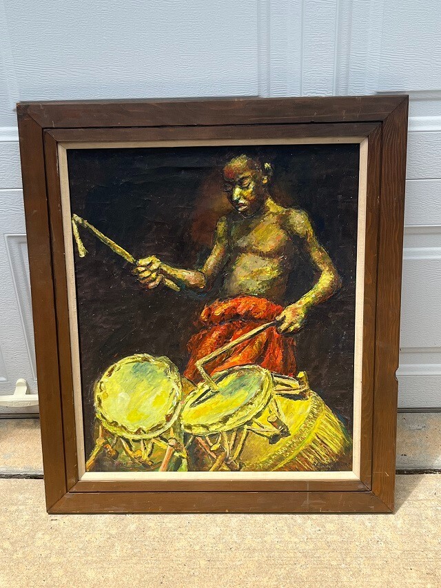 African Artist Reggie Quao Signed Dated 1979 Framed Oil Painting «Talking Drums»