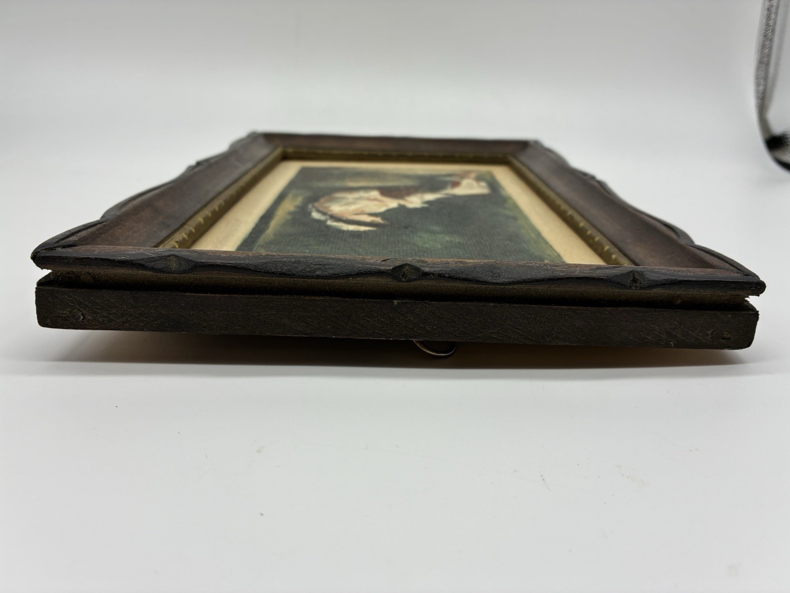 Vintage Hand Painted Oil Painting Woman Sewing Genre Scene Carved Wood Frame