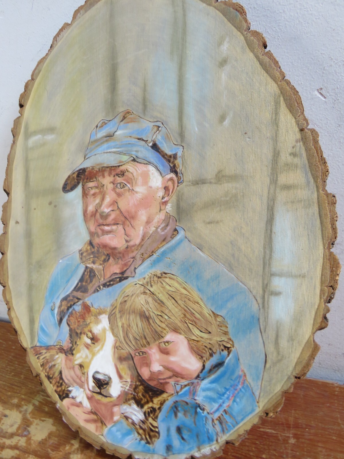 Vintage Wooden Art Farmer Dog w/ Bark Carving/Burning/Painting 12.5×17 Rollins