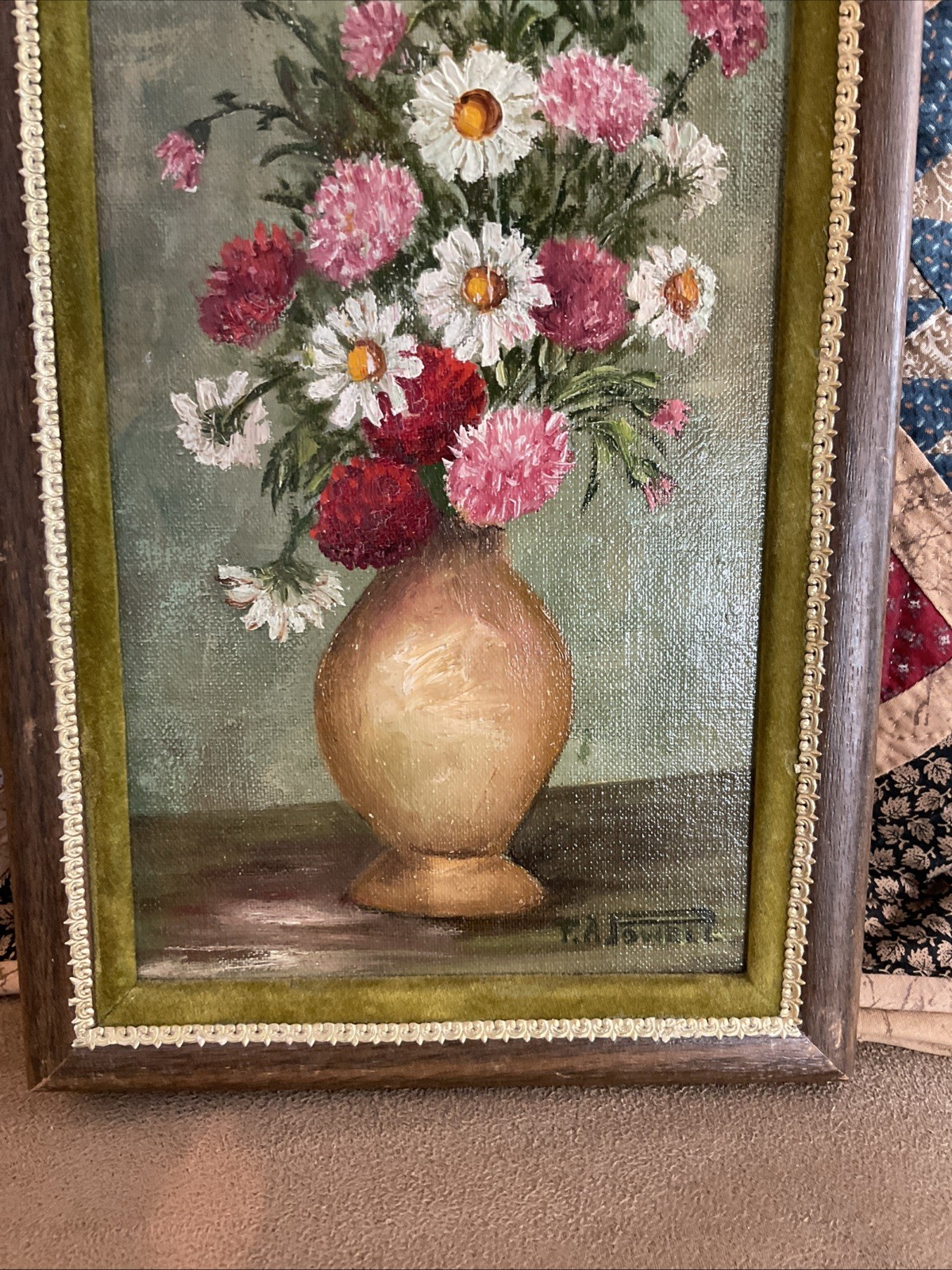 Vintage Framed Signed Oil On Canvas Flowers Still Life Daisies Carnations