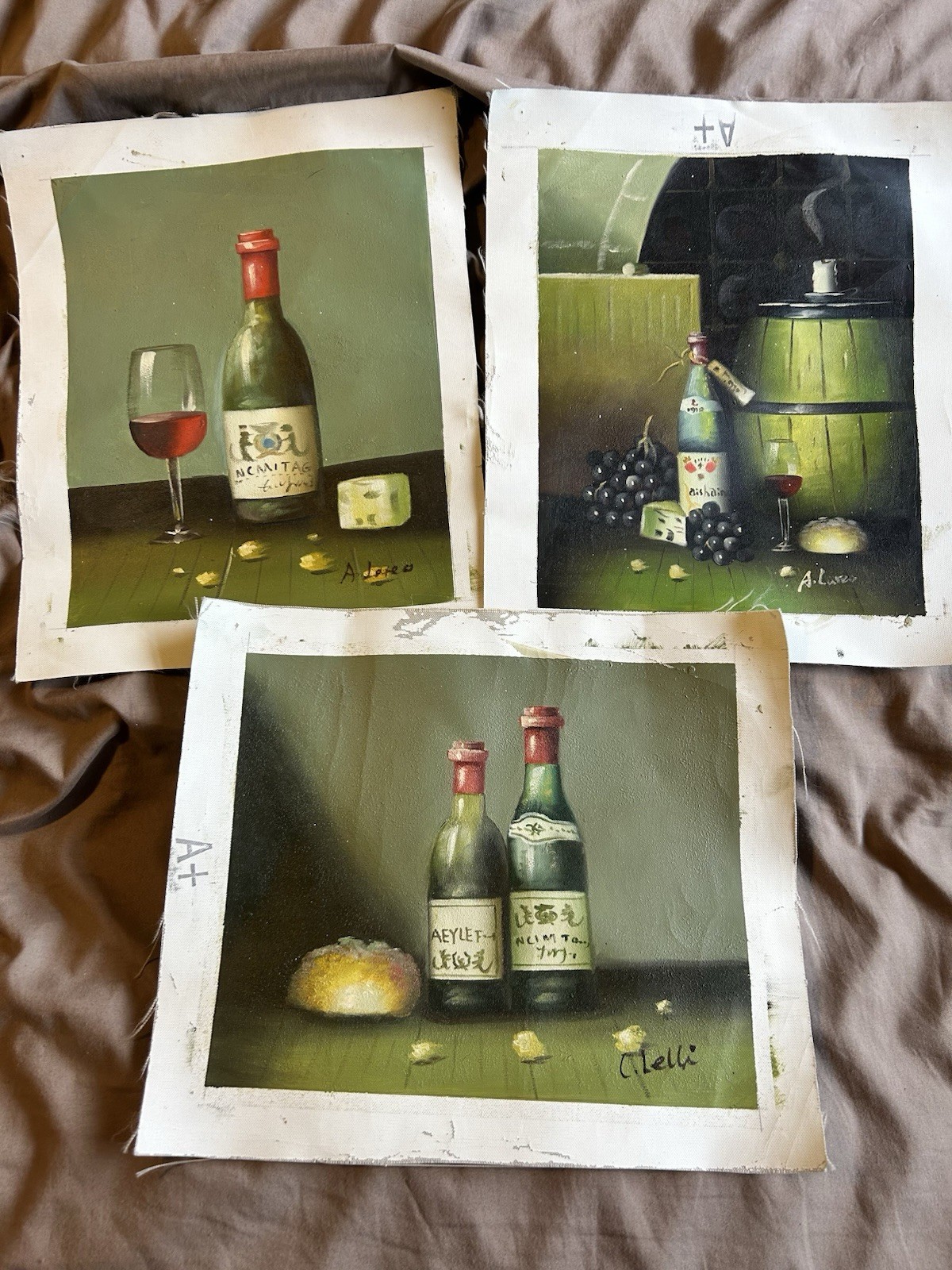 Lot of 3 Hand Painted Canvas Art Wall Art Wine Bottles Grapes Wine Glass Signed