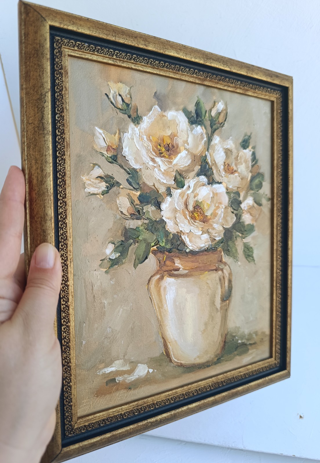 White Roses in a Vase Original Oil Painting Framed Floral Wall Art 8×10 in