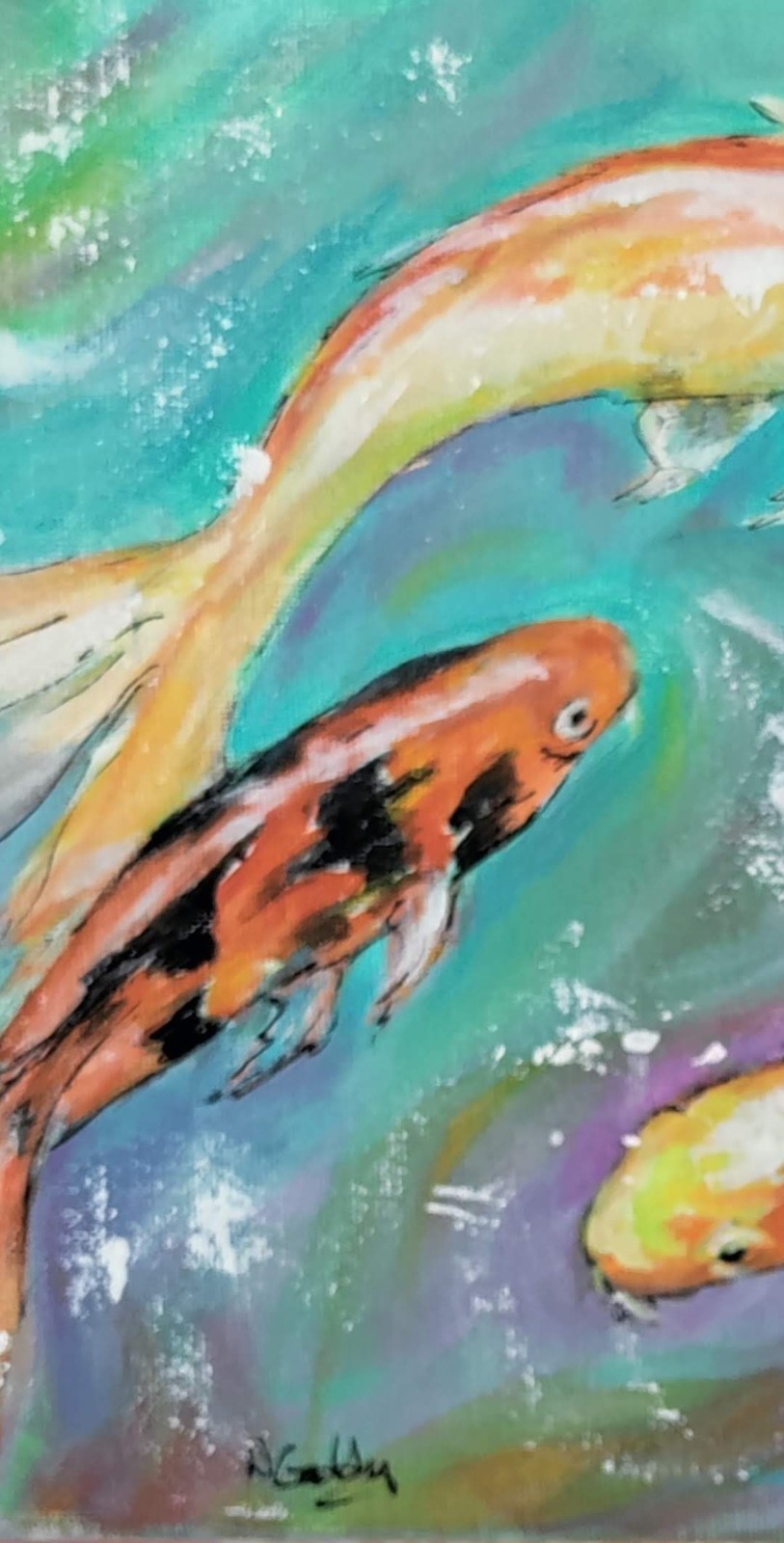 Original 9 x 12 Expressionism Colorful Koi Fish Canvas Wall Art Acrylic Painting