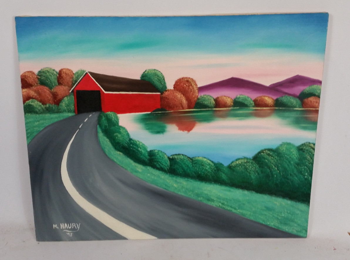Vtg 80s 90s Country Farm Barn Bridge Lake Road Student Original Painting Garden