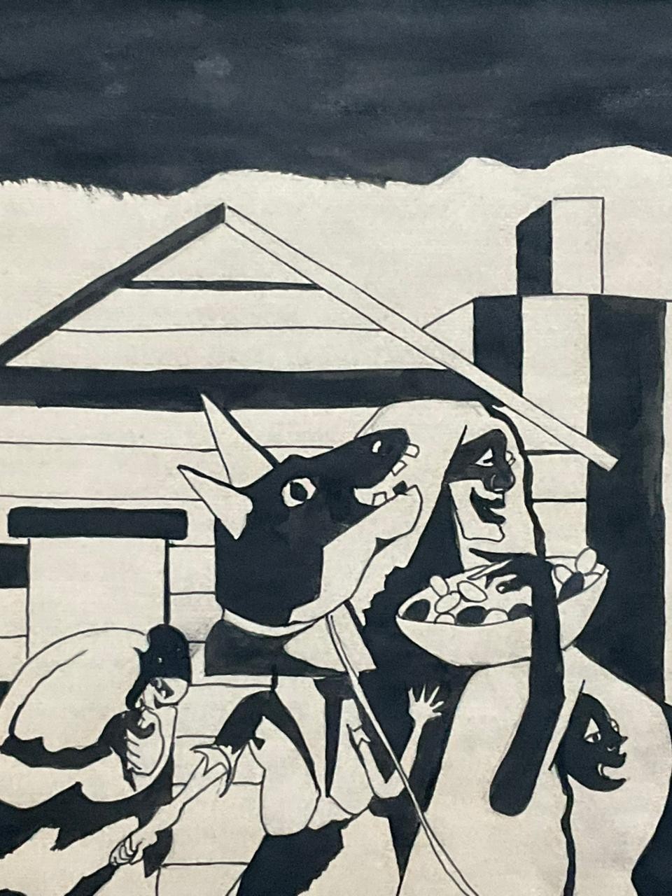 Jacob Lawrence drawing and painting on old paper signed stamped vintage