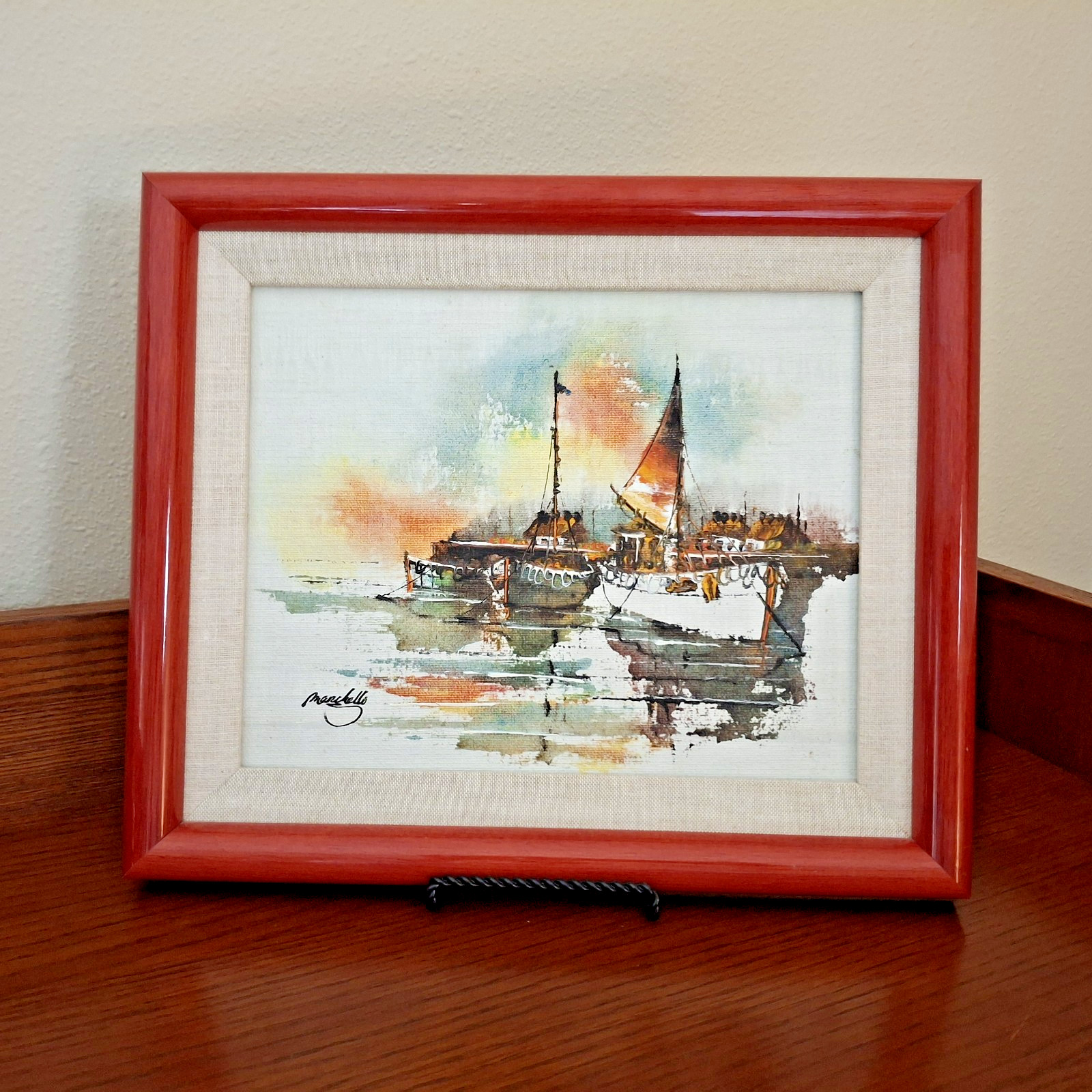 Vintage MCM 1960’s Italian Oil Painting Boats In Harbor Scene Framed and Signed