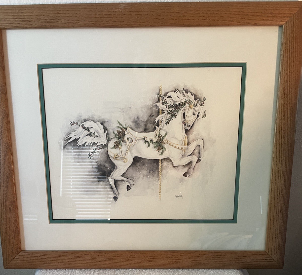 STACY BAUMGARDNER “SEASONS” WINTERS STEED” CAROUSEL LITHO PRINT MATTED FRAMED