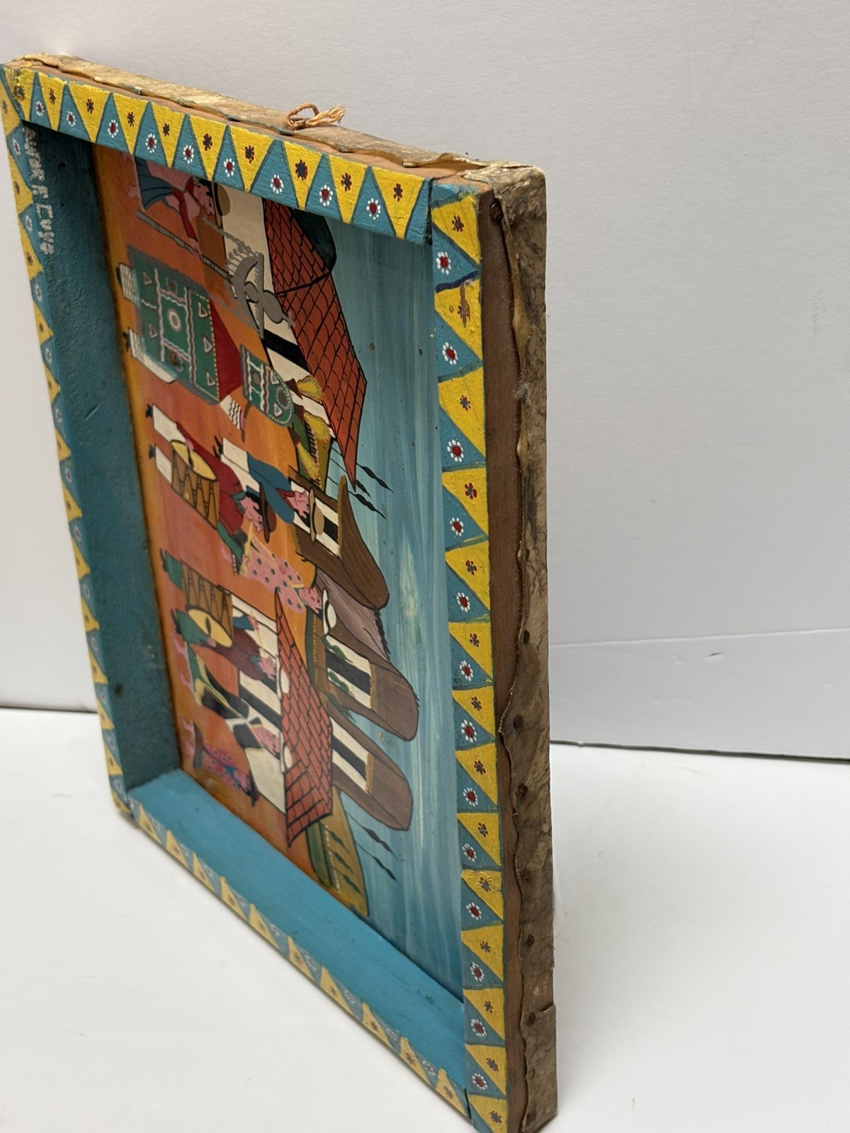 Vtg Hand Painted Peruvian Folk Art On Animal Hide Signed & Framed Original