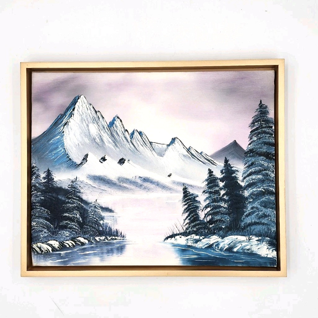 Original Bob Ross Style Winter Landscape Oil Painting Mountain Scene 16×20 Frame