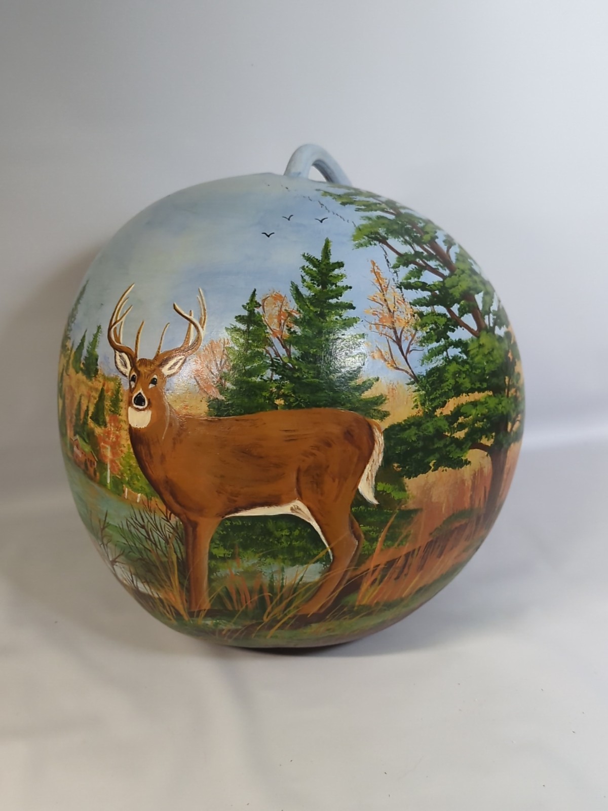 Whitetail Deer Buck Hand Painted Large Gourd Artist Signed Cabin Forrest