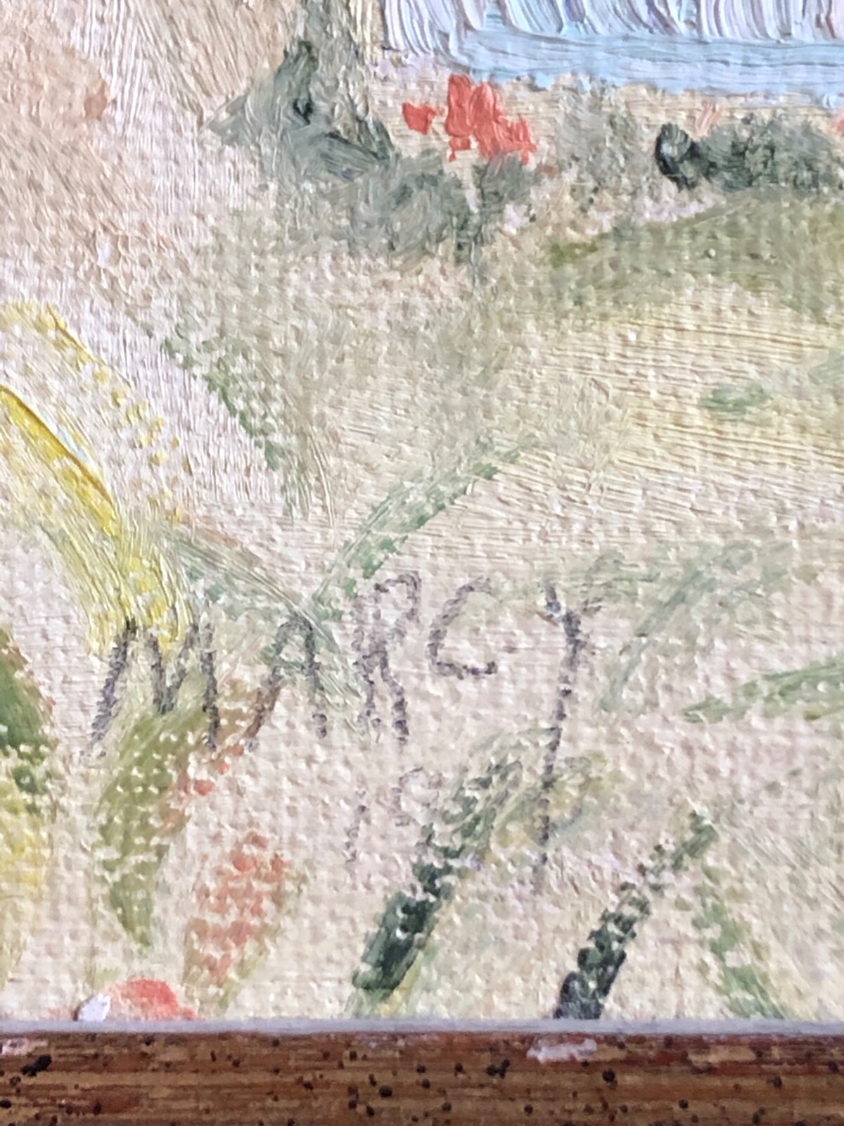 Coastal small town Painting signed by Marcy – framed in good condtion dated 1970