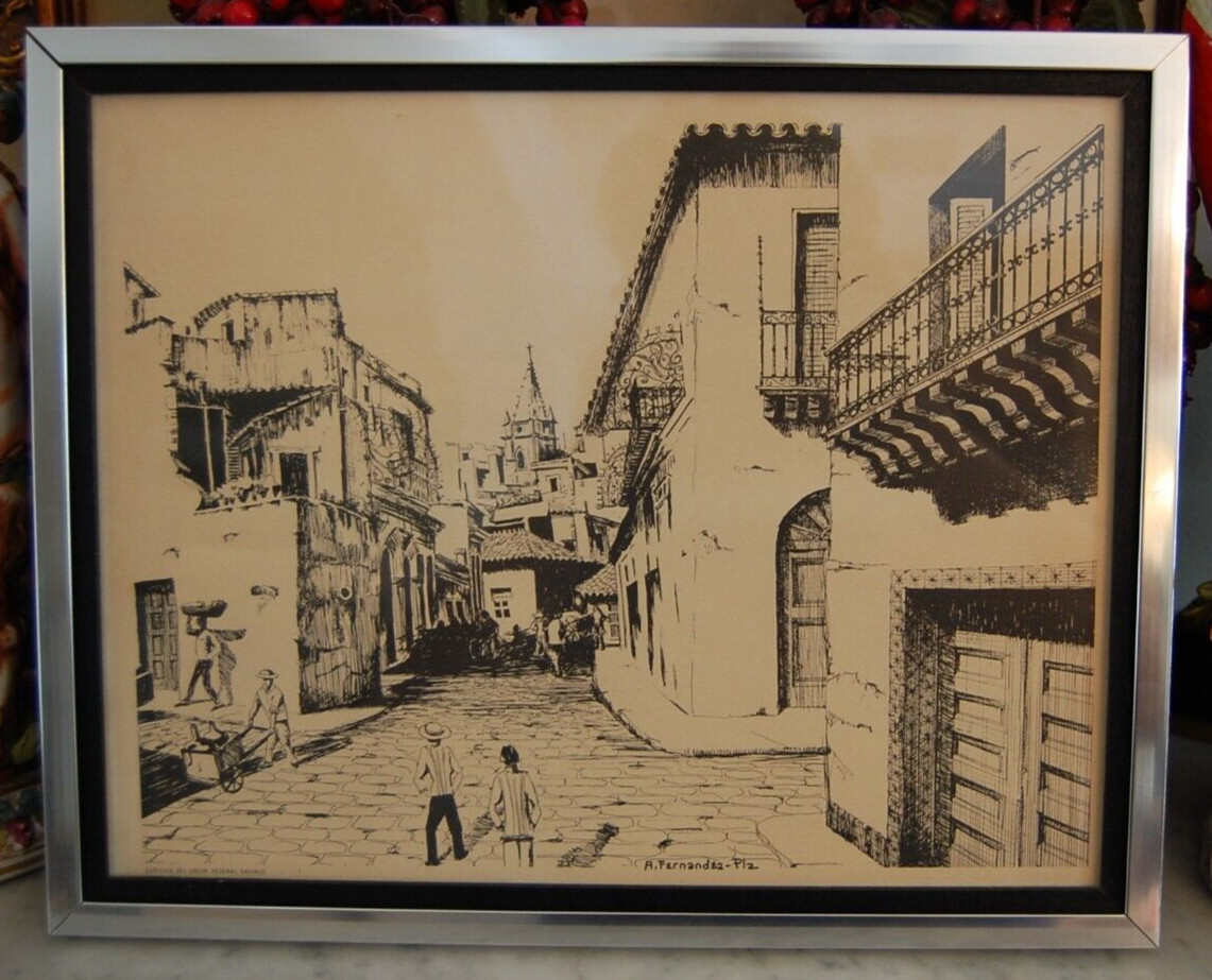 VTG 70’S FRAMED PENCIL ART PRINT OLD HAVANA STREET SCENE, CUBA A. FERNANDEZ PLA