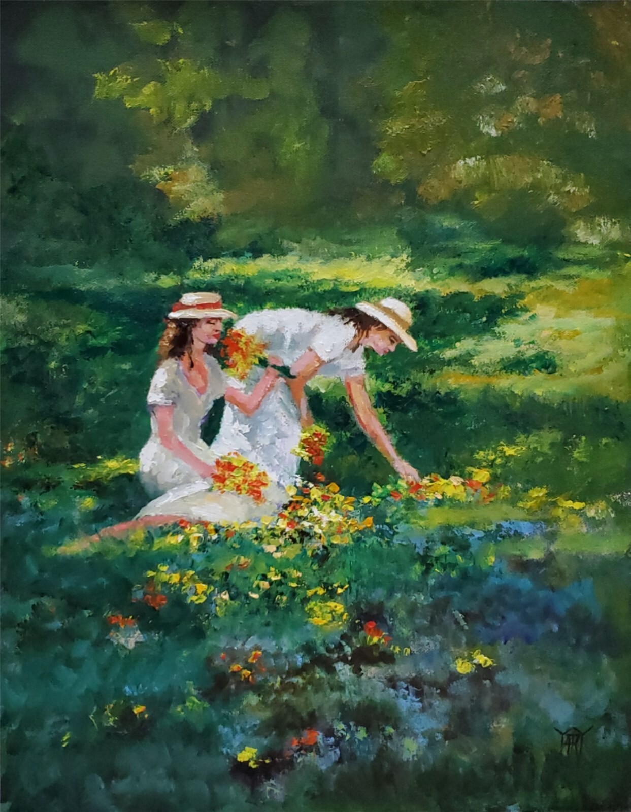 YARY DLUHOS Landscape Meadow Wildflowers Women Figures Original Art Oil Painting