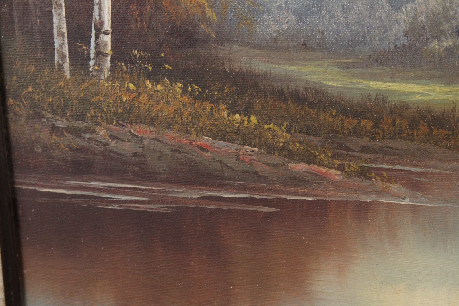 Vintage Forest Stream Landscape Scene Oil Painting On Canvas Signed Illegible