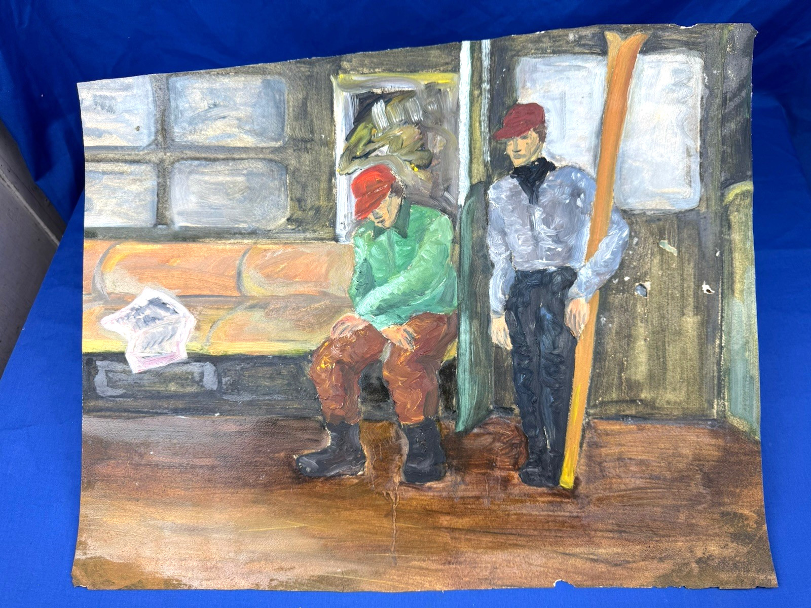 C.1950 Impressionist Painting, Oil on Paper SKIER, 2 Men 21.5″ x 15.5″