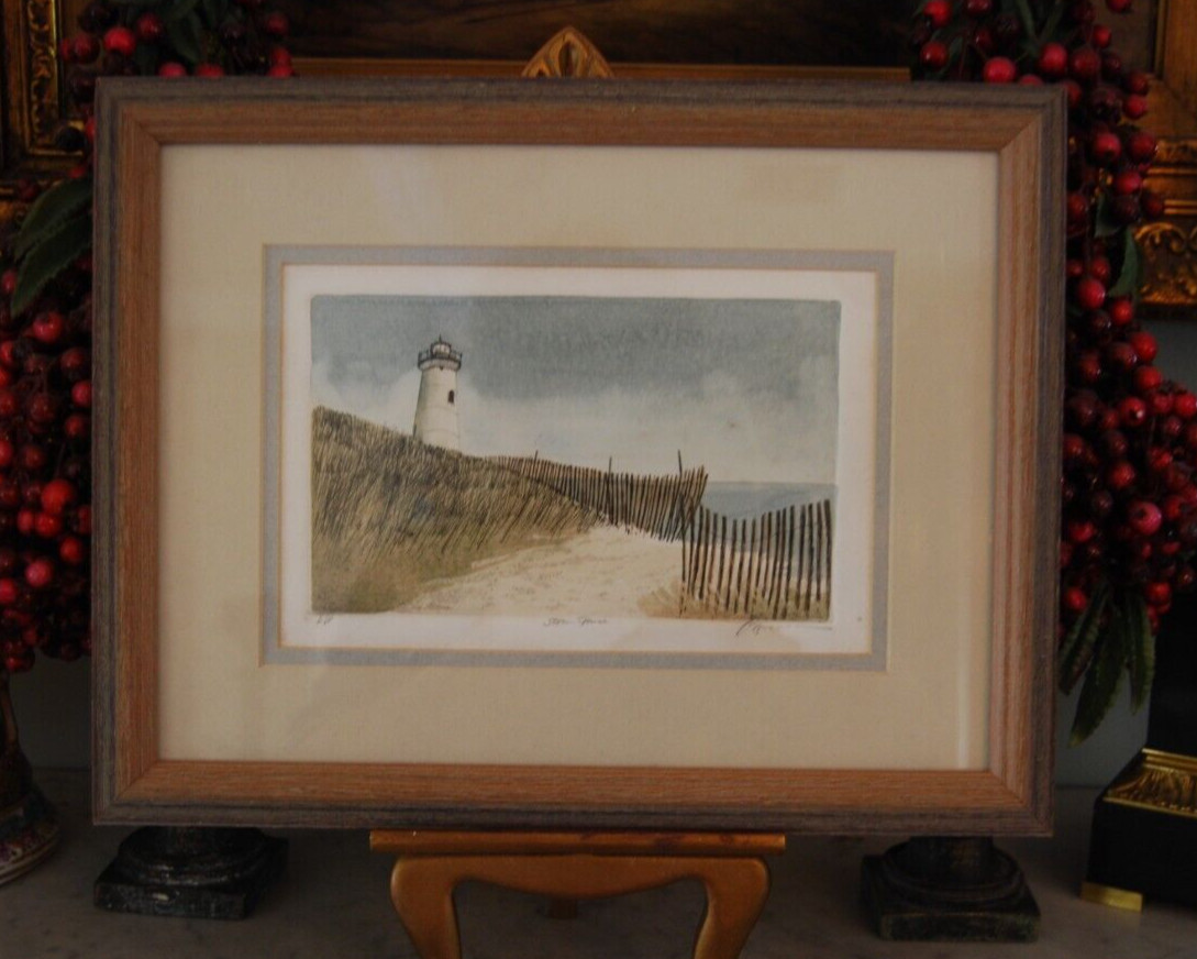 VTG FRAMED FRANK KACZMAREK SIGNED A/P COLORED ETCHING «STORM FENCE» LIGHTHOUSE