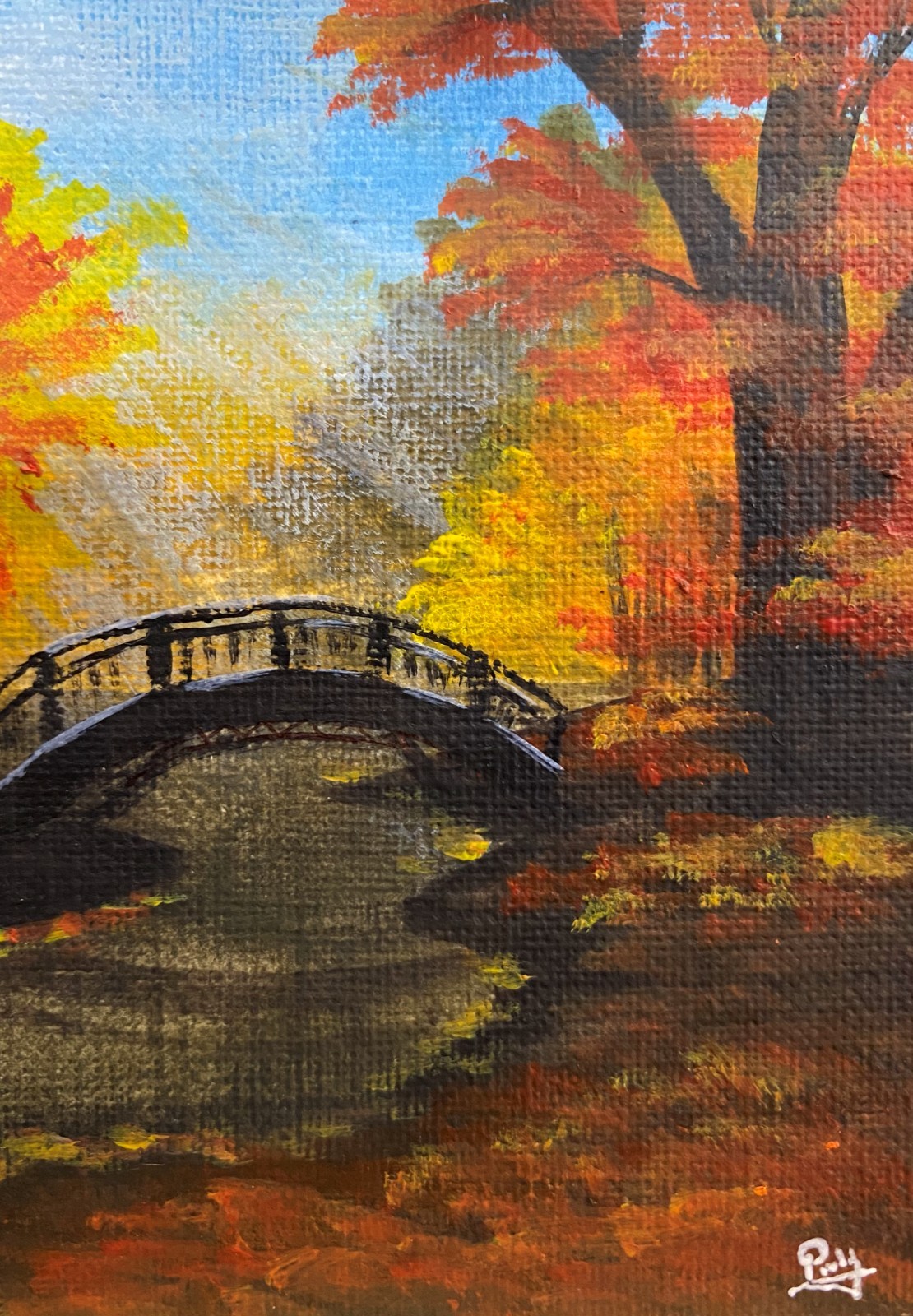 ACEO Acrylic Painting Autumn Bridge River Tree Fall Foliage Landscape Nature Art