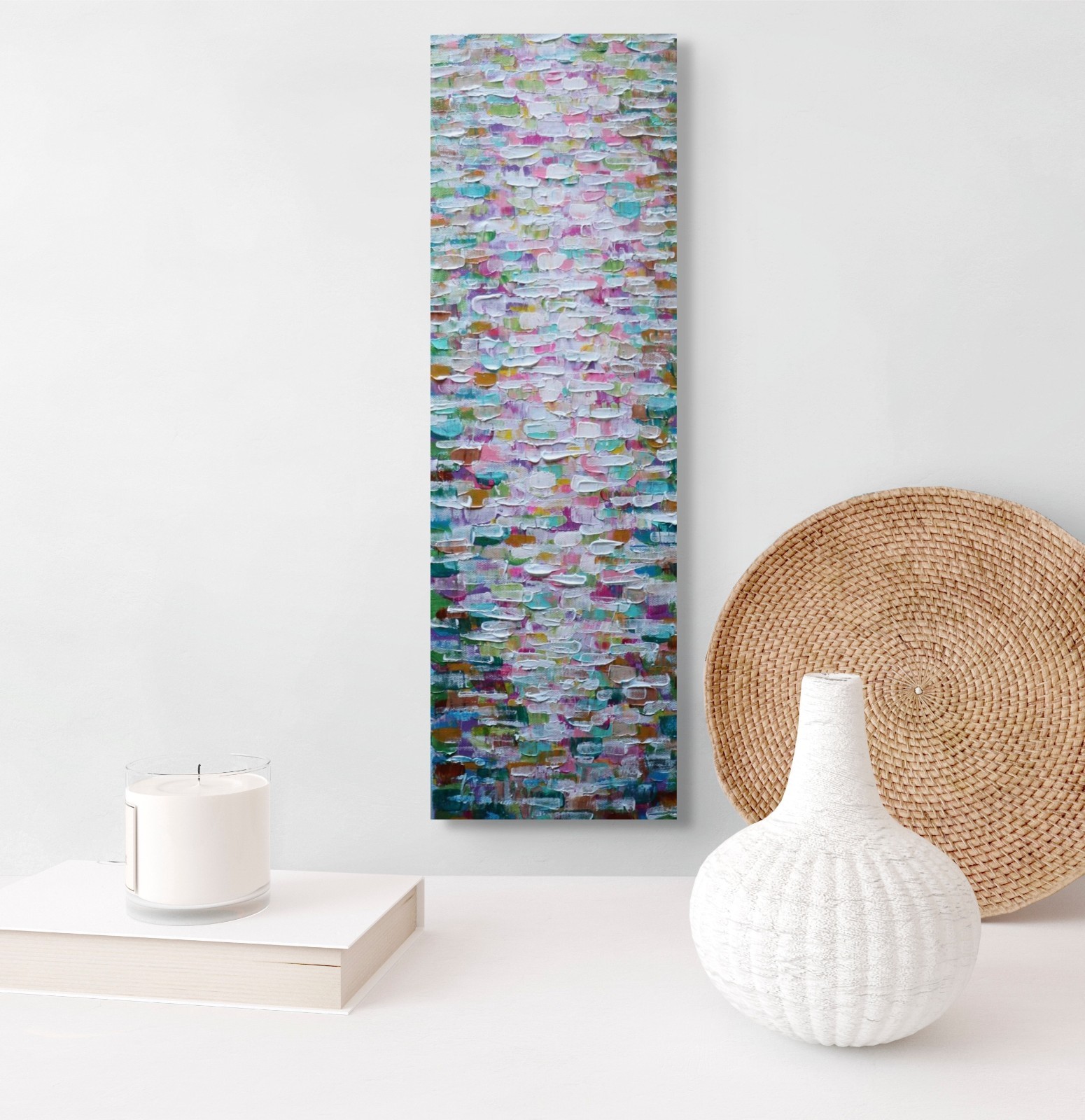 Abstract Coastal Painting 8×24 Textured Pink Blue Green Wall Art Original