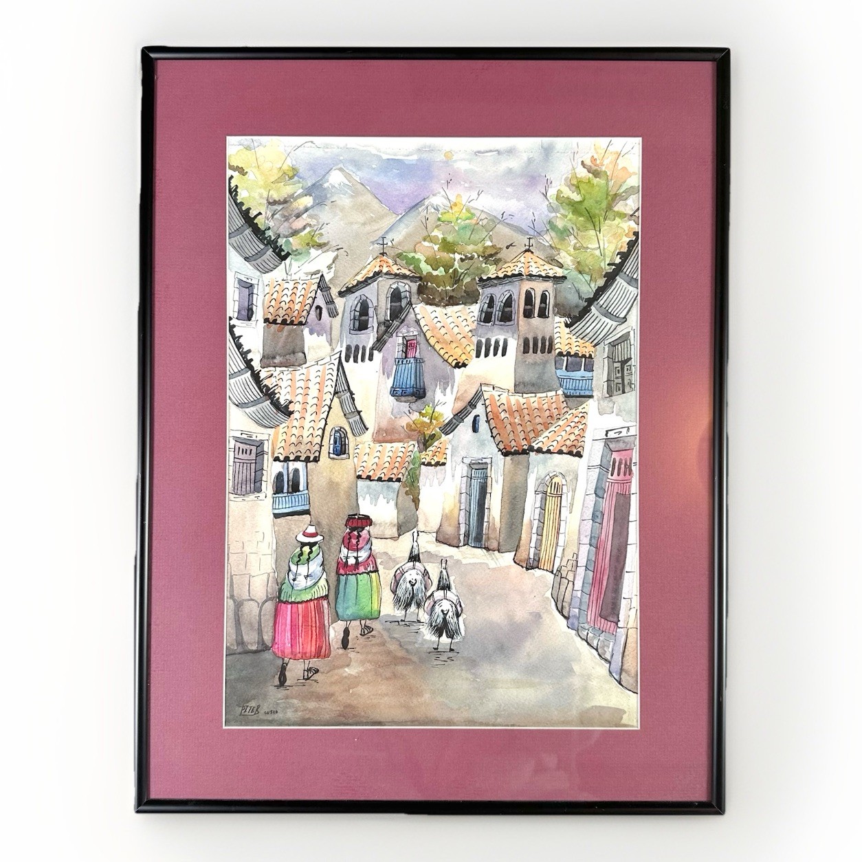 Original Watercolor Painting Peruvian Street Scene, Signed Framed w Matte 14×18