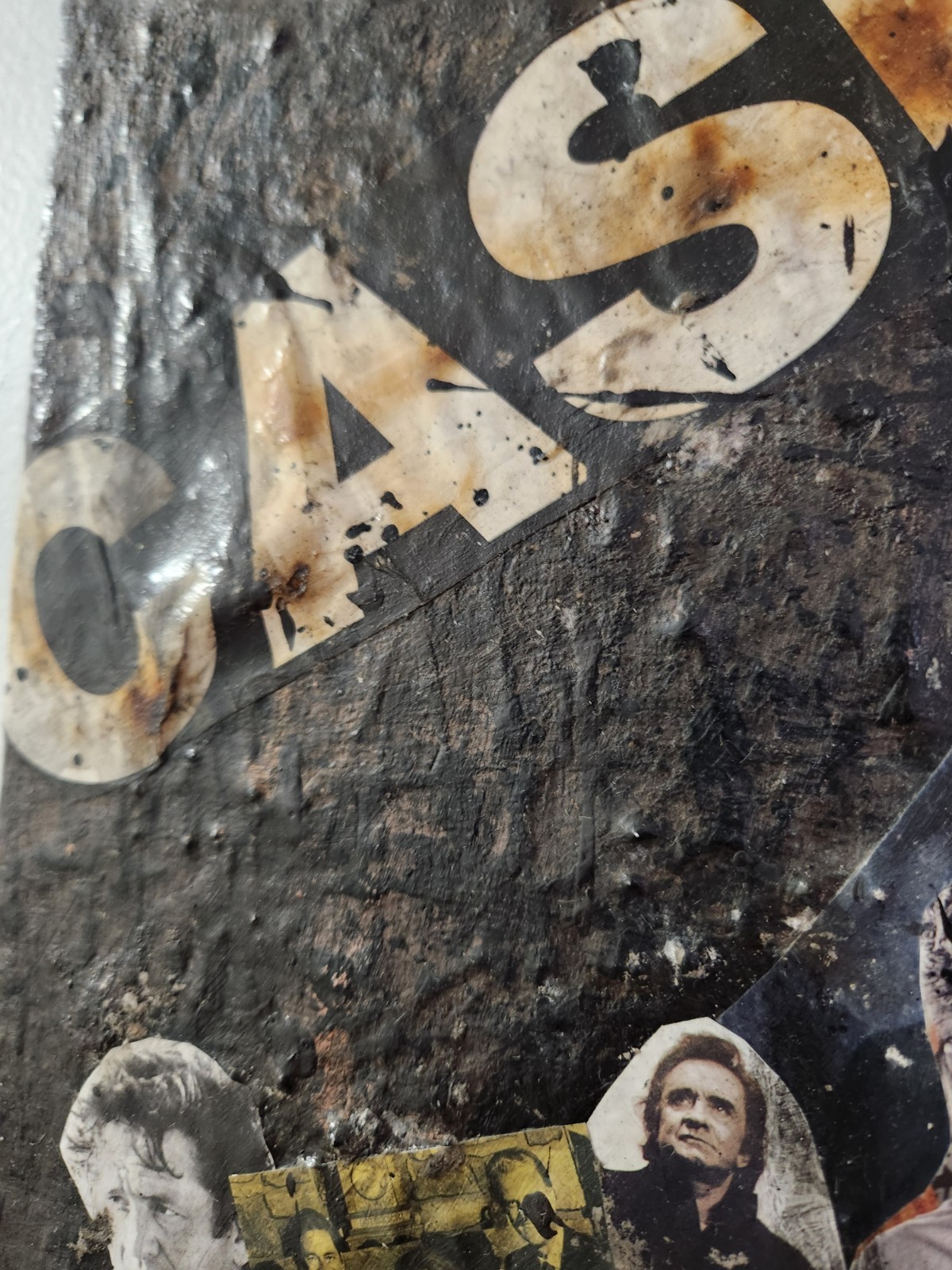 Large Johnny Cash Acrylic Canvas Collage Art. Heavily Textured & Burned! 16X20
