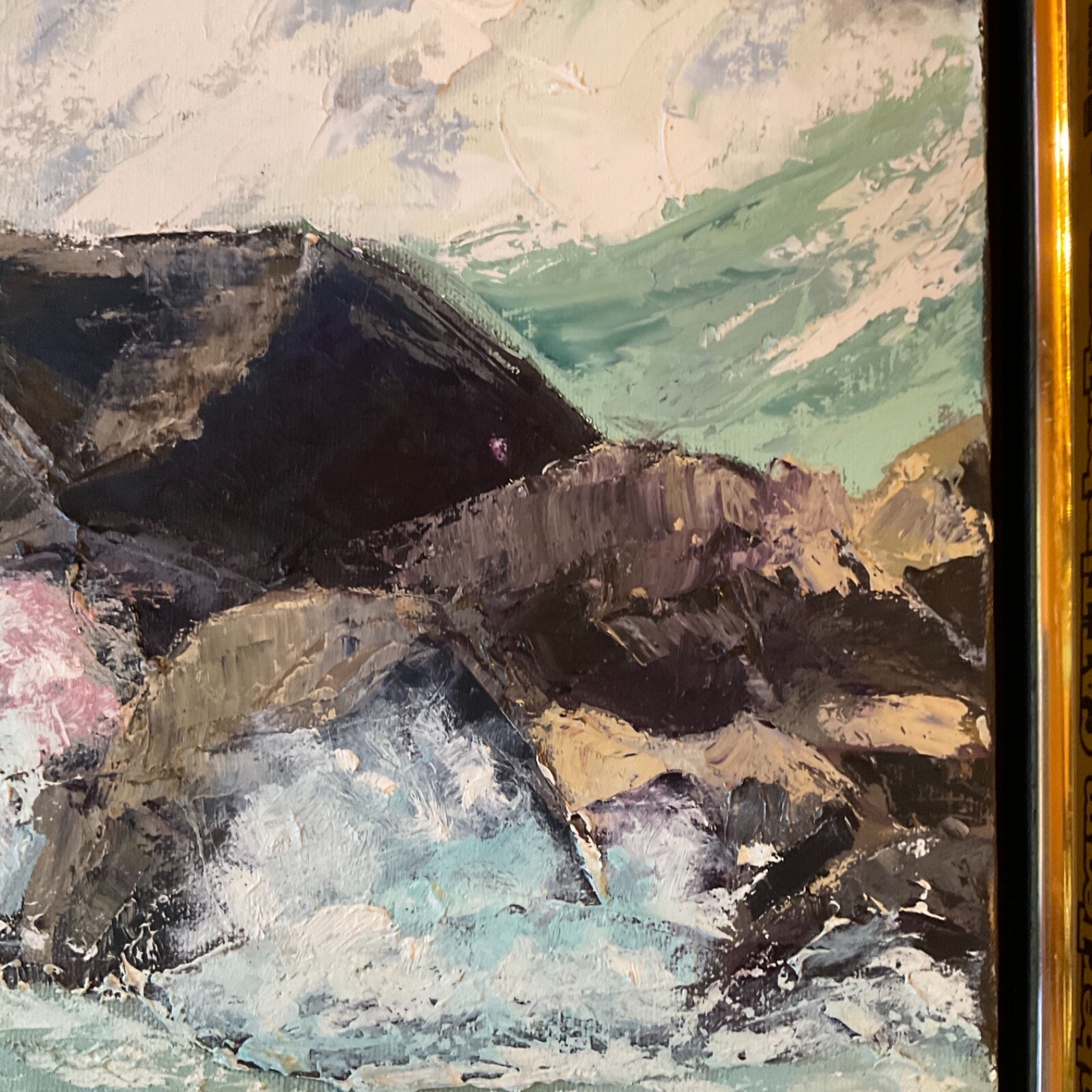 VINTAGE 70s abstract original hand painted oil PAINTING by Upton ocean teal blue