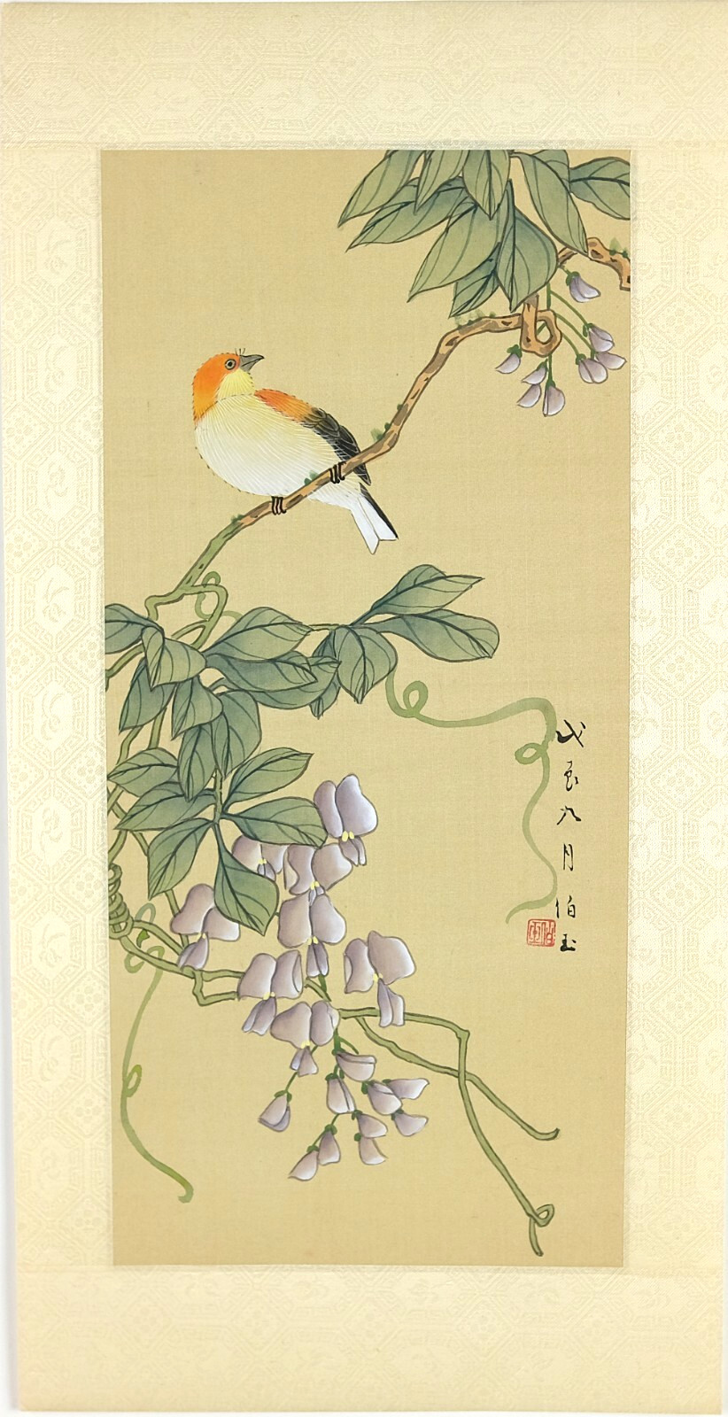 Vintage Asian Art, Watercolor on Silk, Bird with Wisteria Flowers, Signed