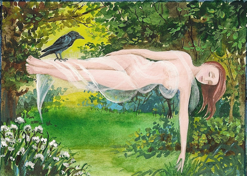 ACEO PRINT OF PAINTING CROW RYTA WITCH ENCHANTED FOREST Halloween pagan art tree