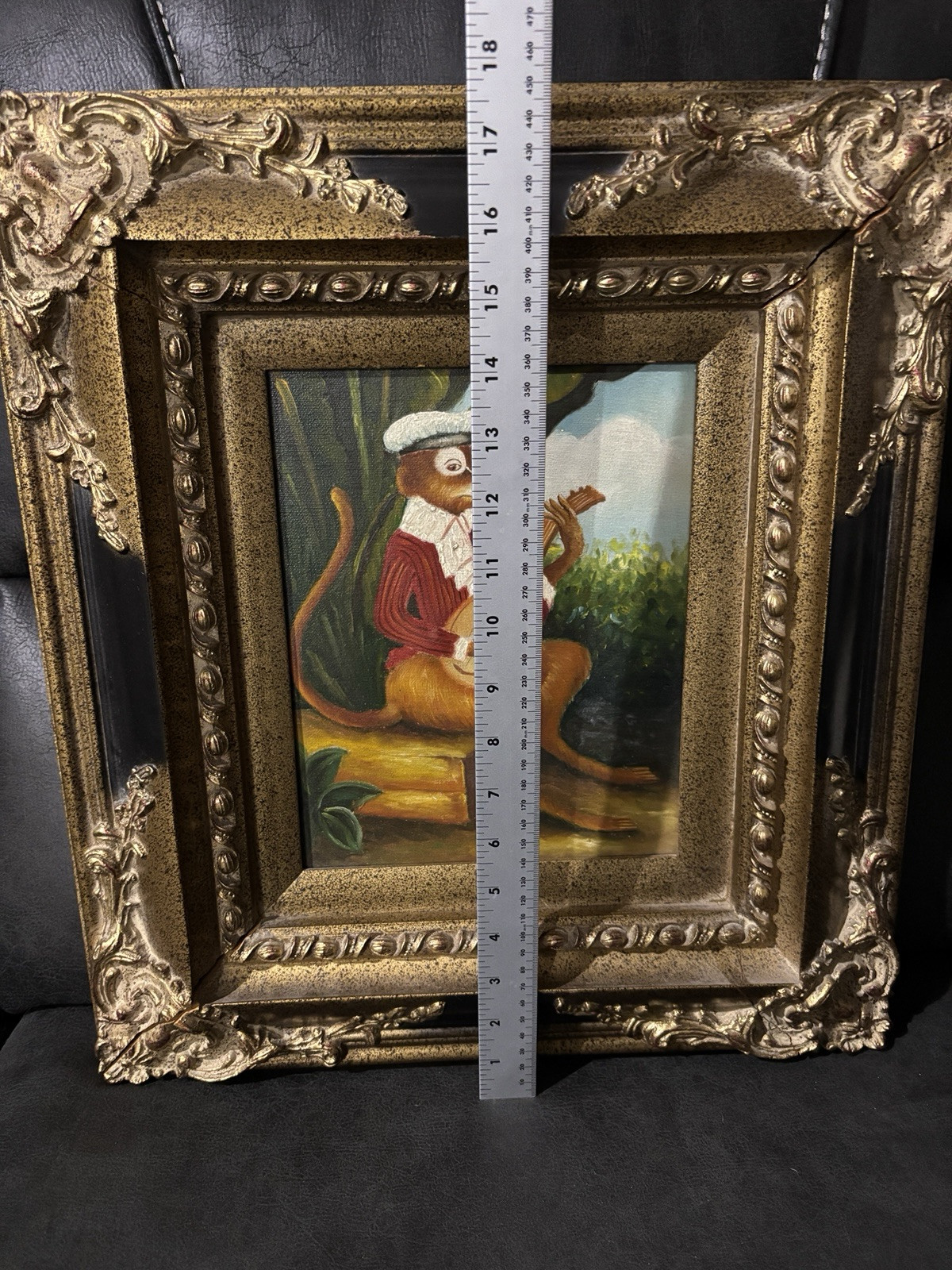 Oil Painting of an Anthropomorphic Monkey Playing Mandolin. Gold heavy Frame.
