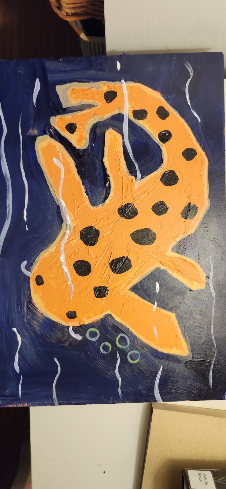 Spotted Koi Blowing Rainbow Bubbles Blue Pond Acrylic Painting 12×16