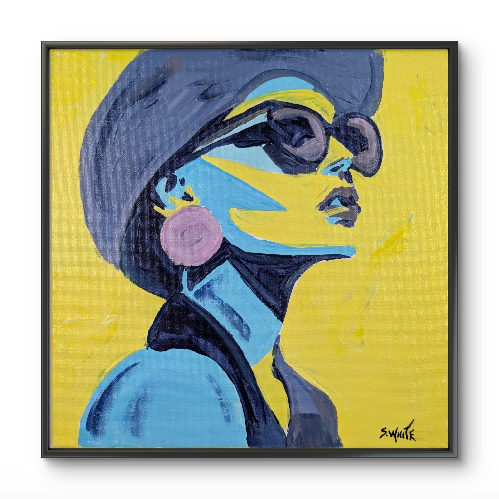 Woman Portrait Original Signed Painting 12×12 Canvas Yellow Blue Art SWhite