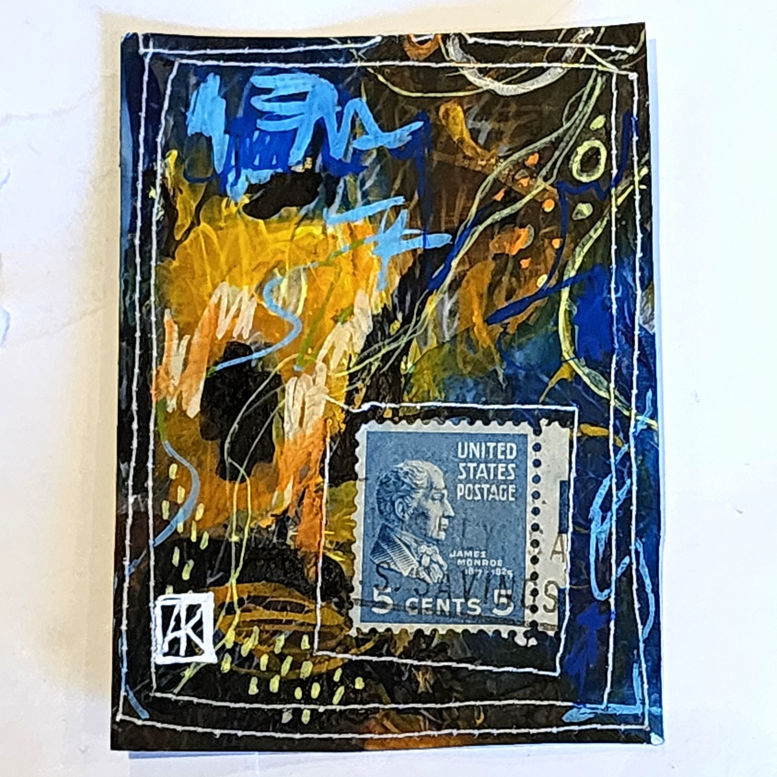 ACEO Original Mixed Media Monroe Postage Stamp Blue Abstract Painting AMBER K