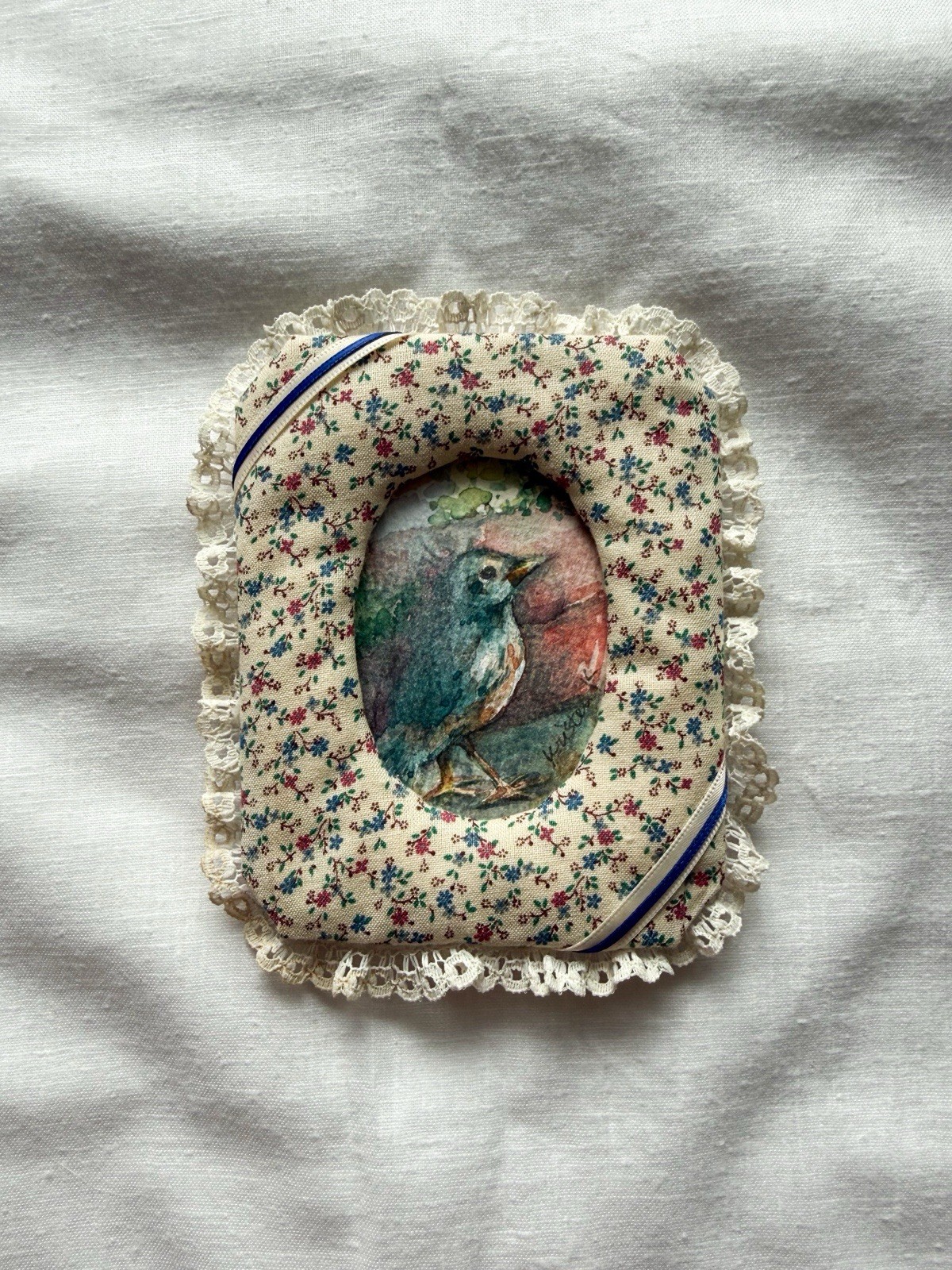 Vintage Style Miniature Fabric Frame Original Watercolor Blue Bird Painting