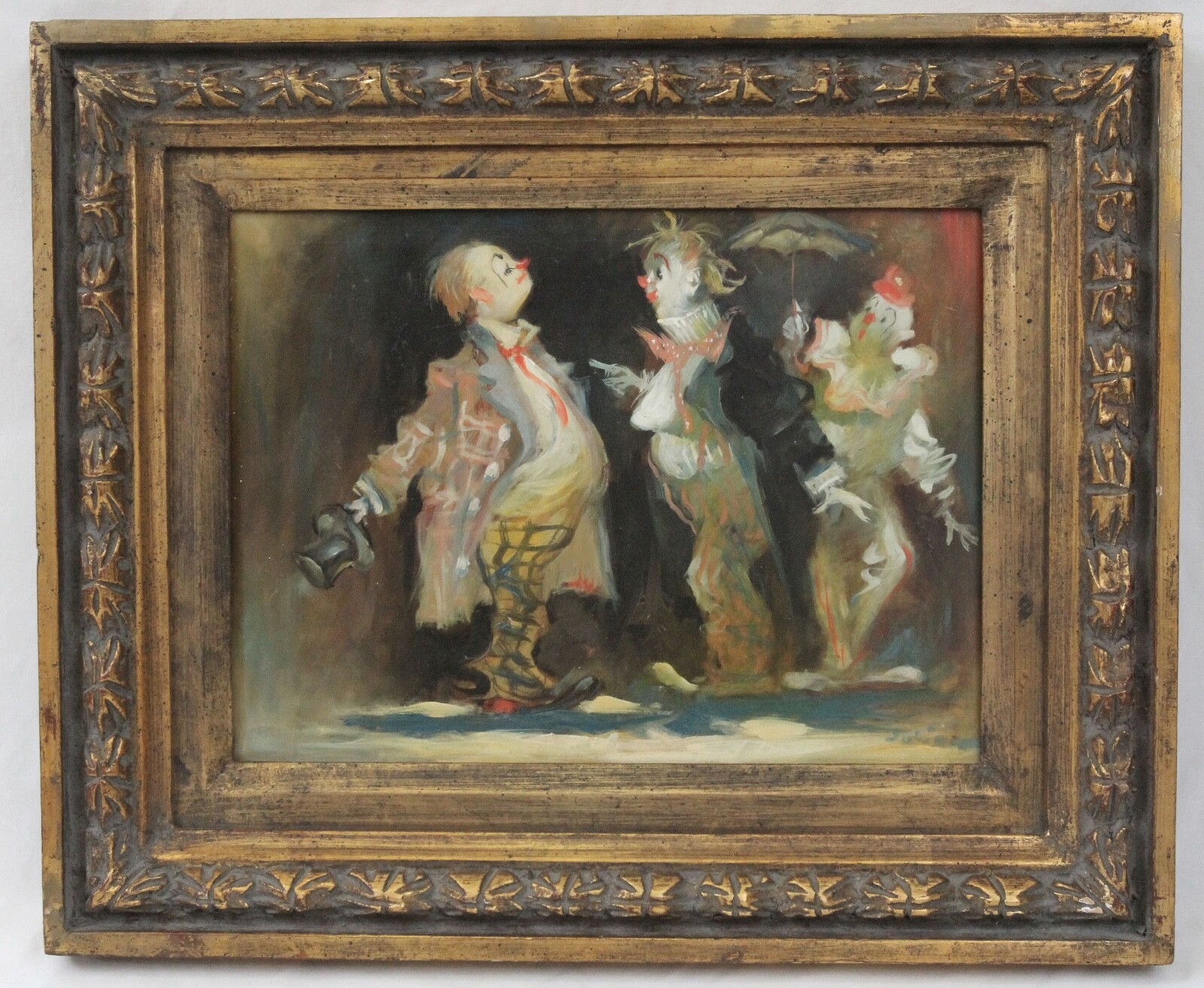 Julian Ritter Small Oil Painting Three Clowns Arguing Ornate Carved Wood Frame