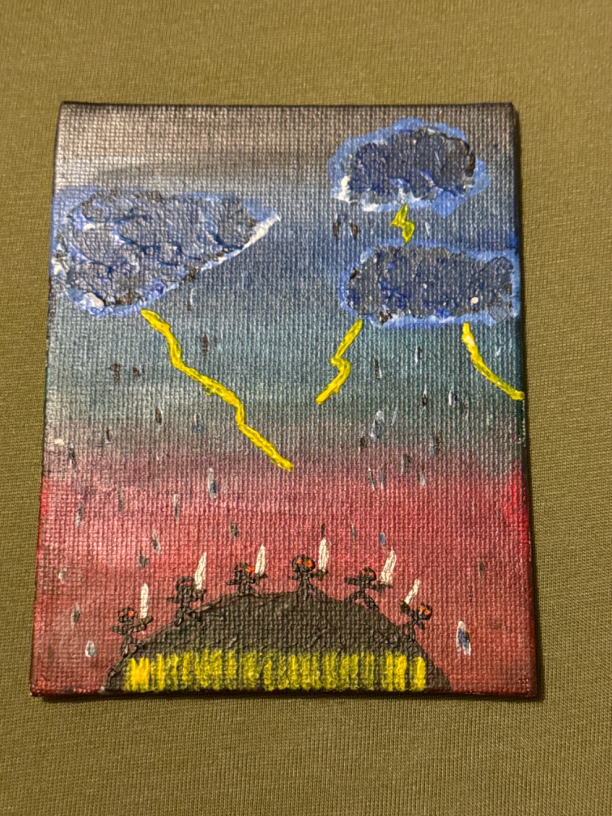Original 4″ x 5″ Painting, Hilltop Lightning