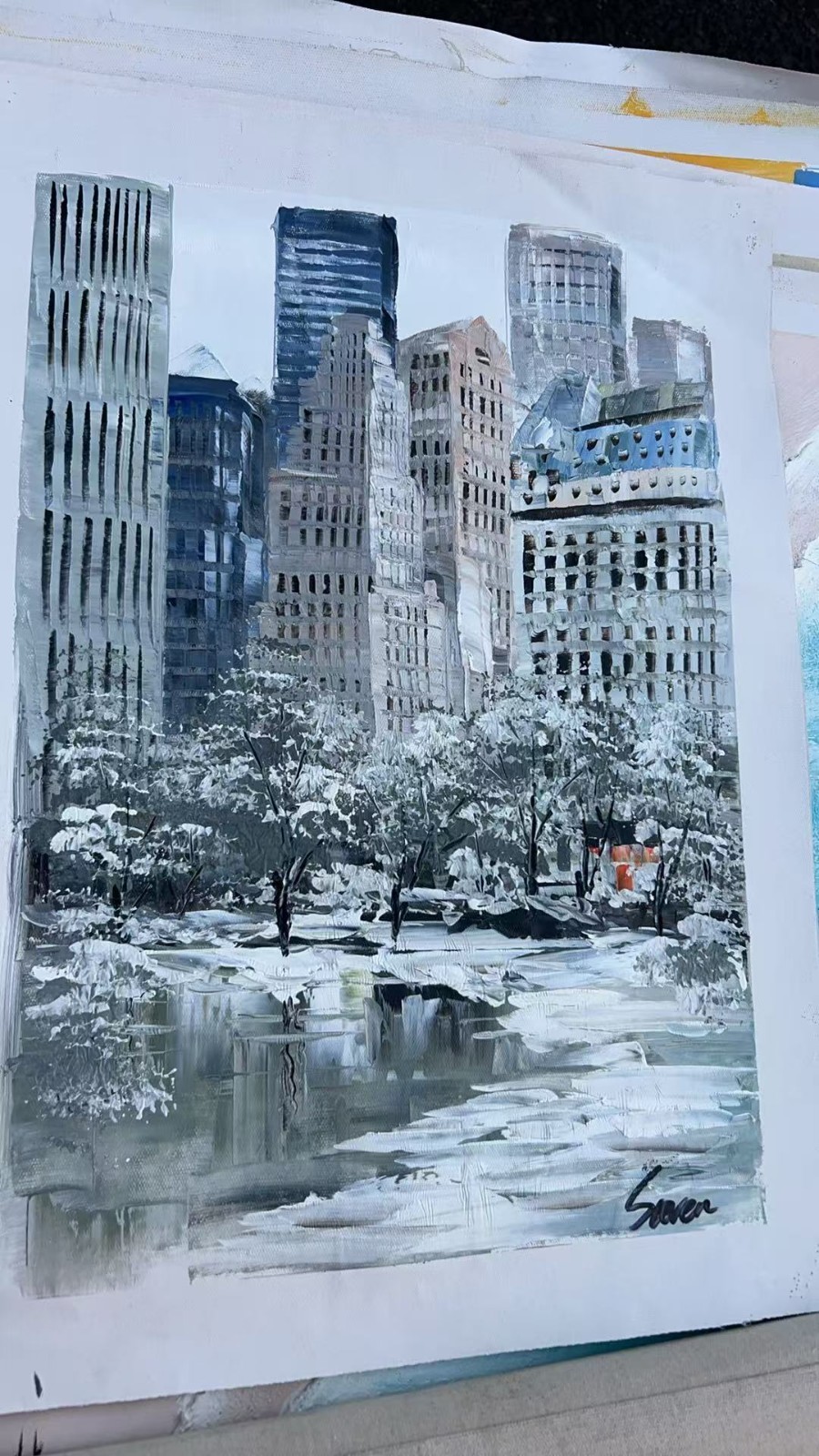 Original Hand-Painted Oil Painting-Central Park Winter Landscape &NYC Skyline