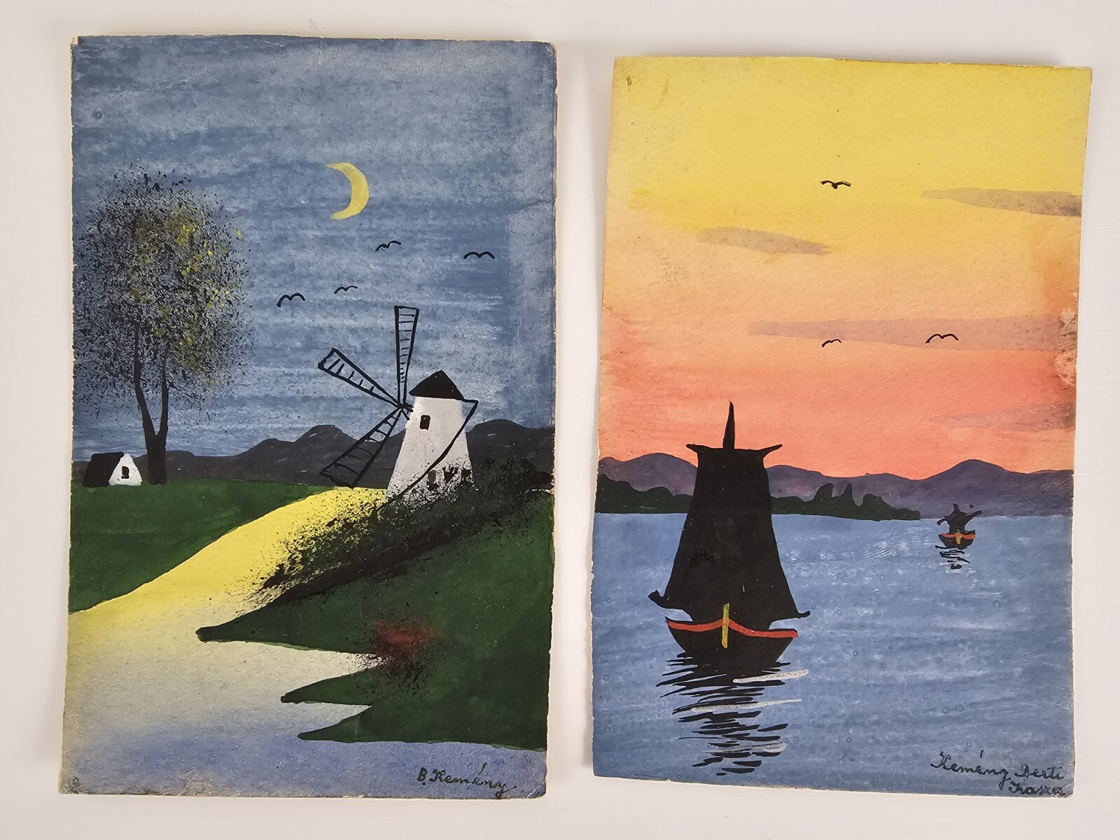 2x Antique 1921 Original Illegibly Signed Watercolor Paintings 5.5×3.75 Europe