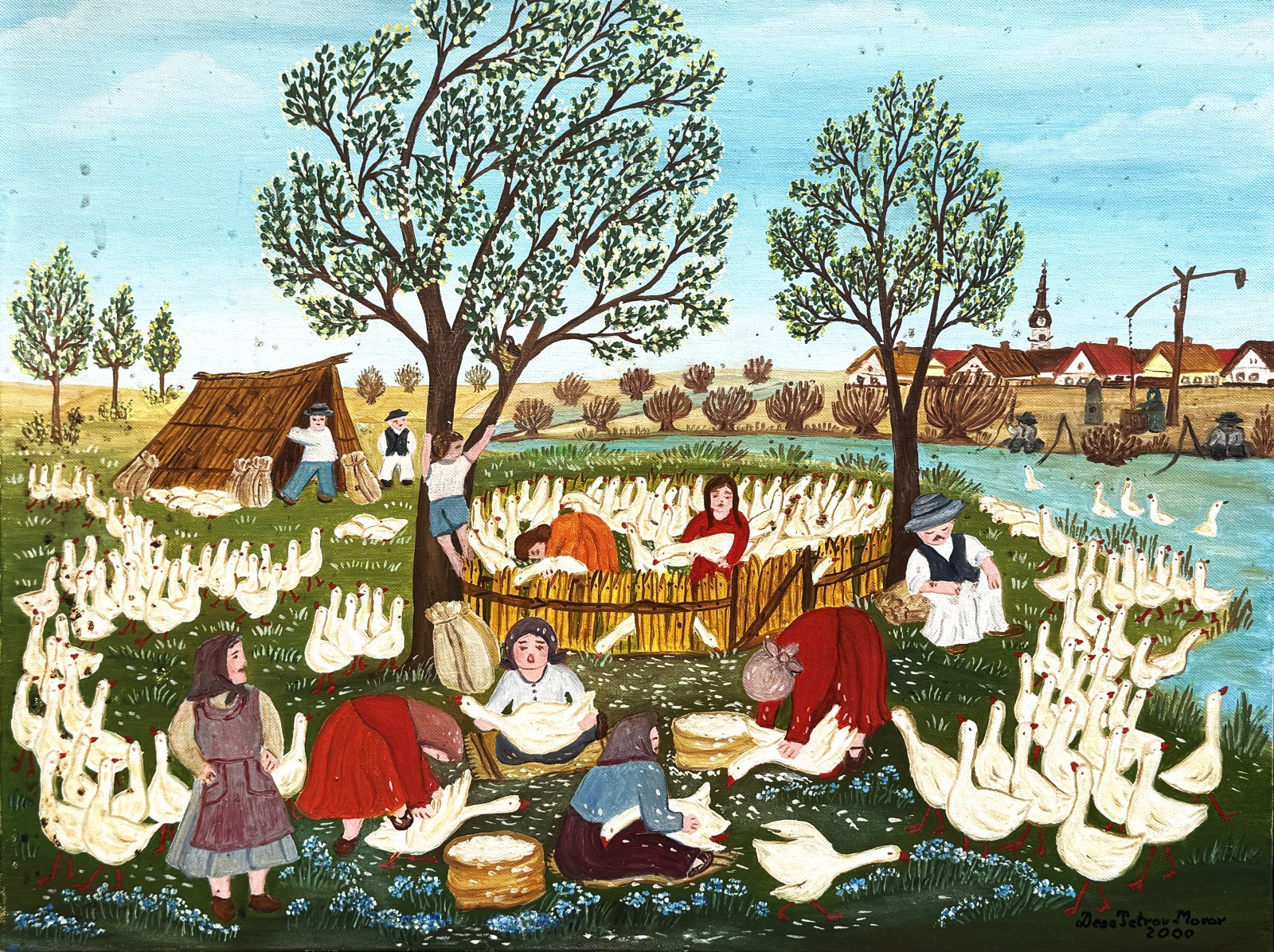 Deas Petrov-Morar (Serbian), c 2000 Naive Art Lively Communal Scene O/C, Signed!