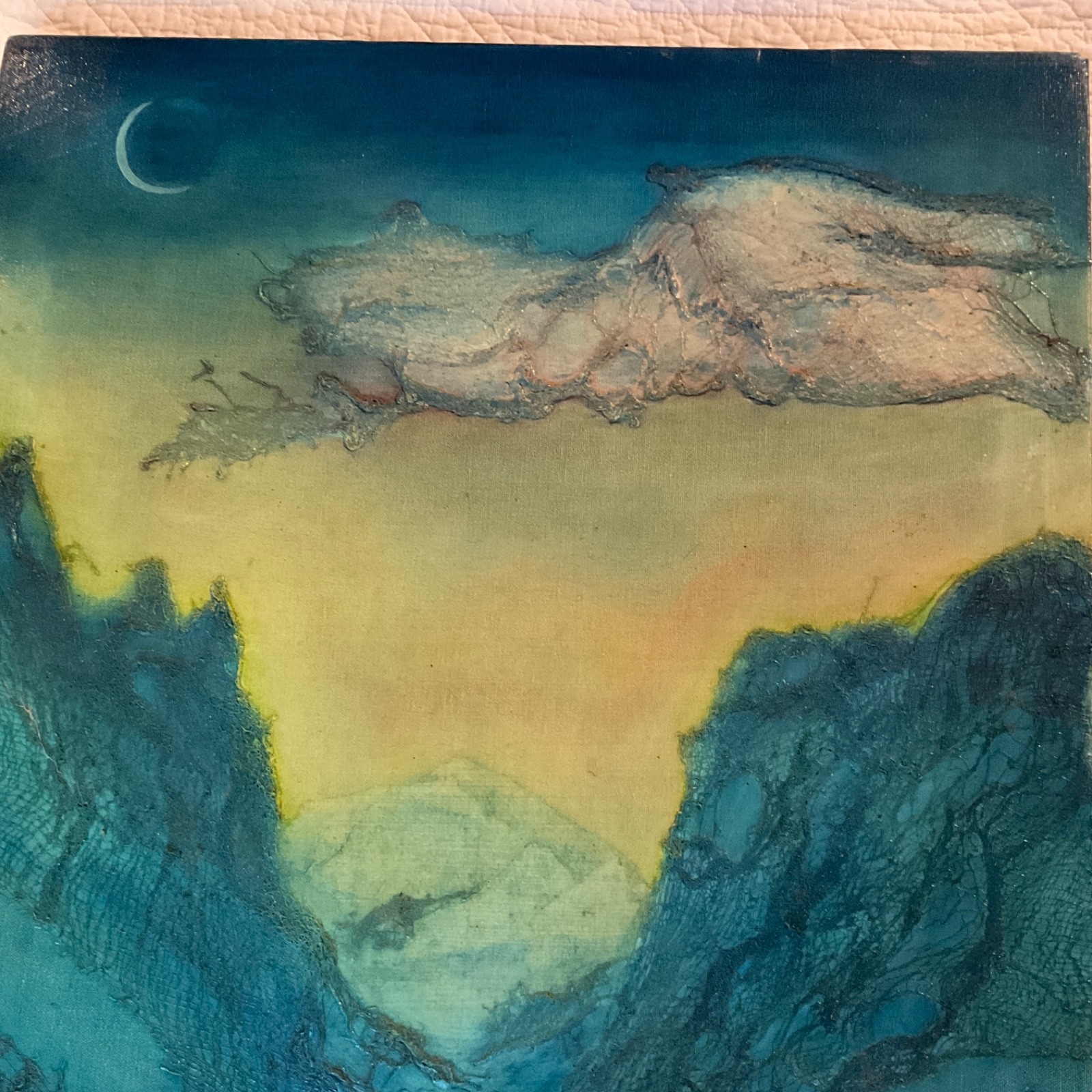 VINTAGE original hand painted oil Painting collage fantasy mystical mountains